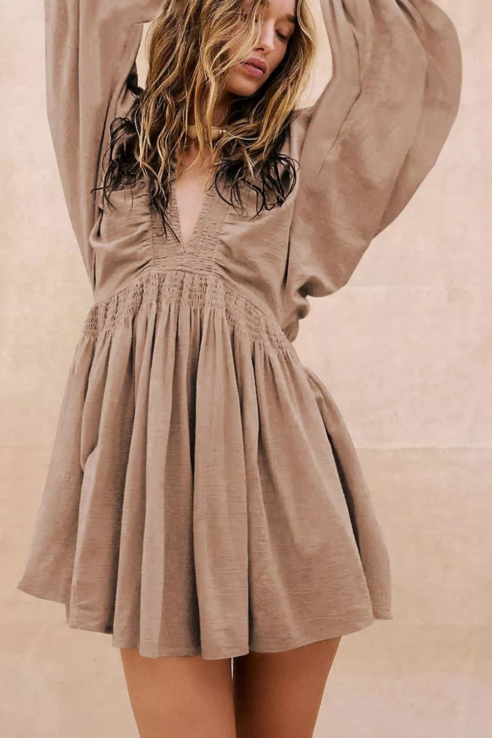 Smocked V-Neck Balloon Sleeve Dress in taupe by Belle Bijouix, Dresses.
