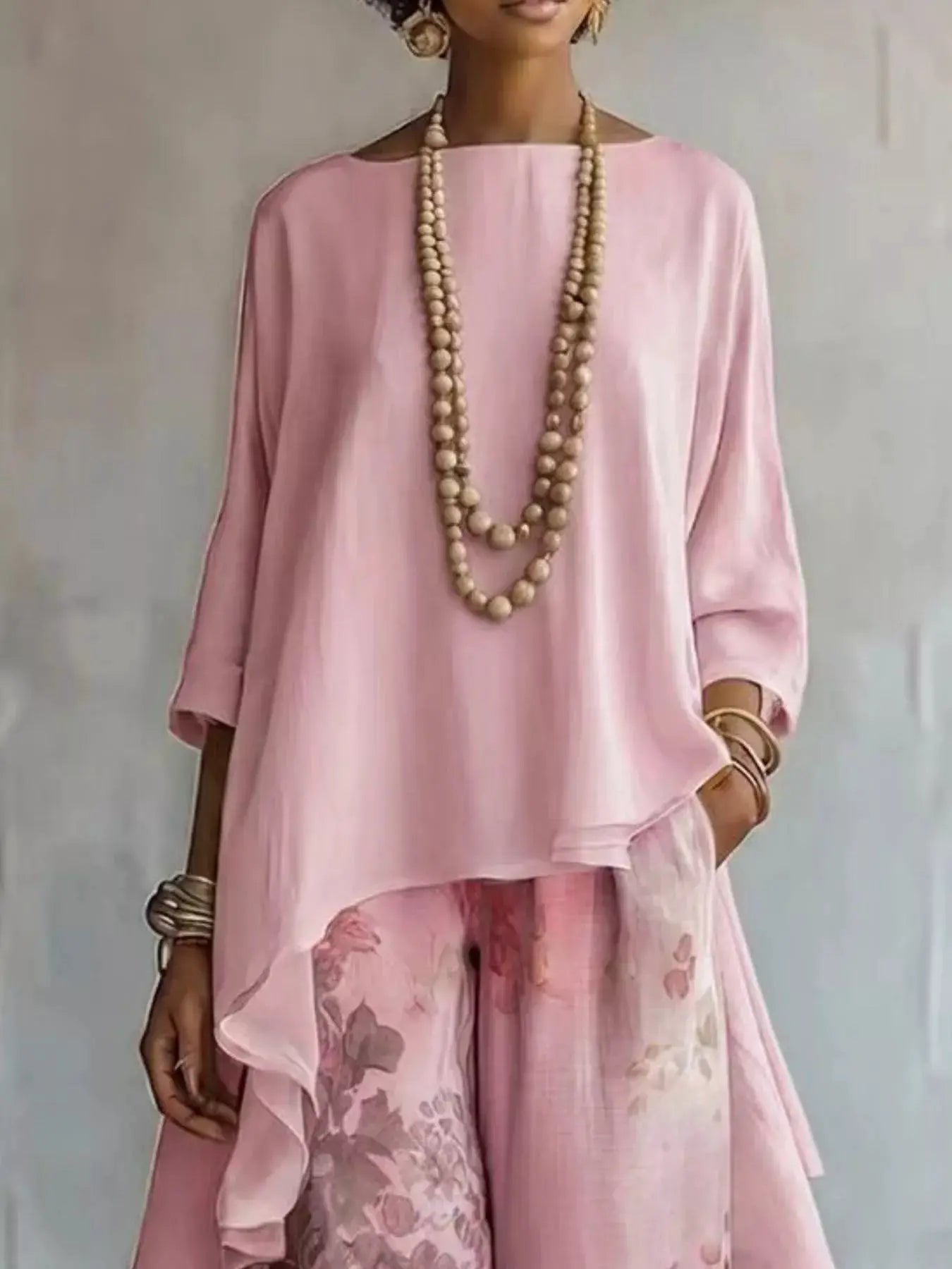 Asymmetrical Hem Top and Floral Pants Set in soft pink with floral print