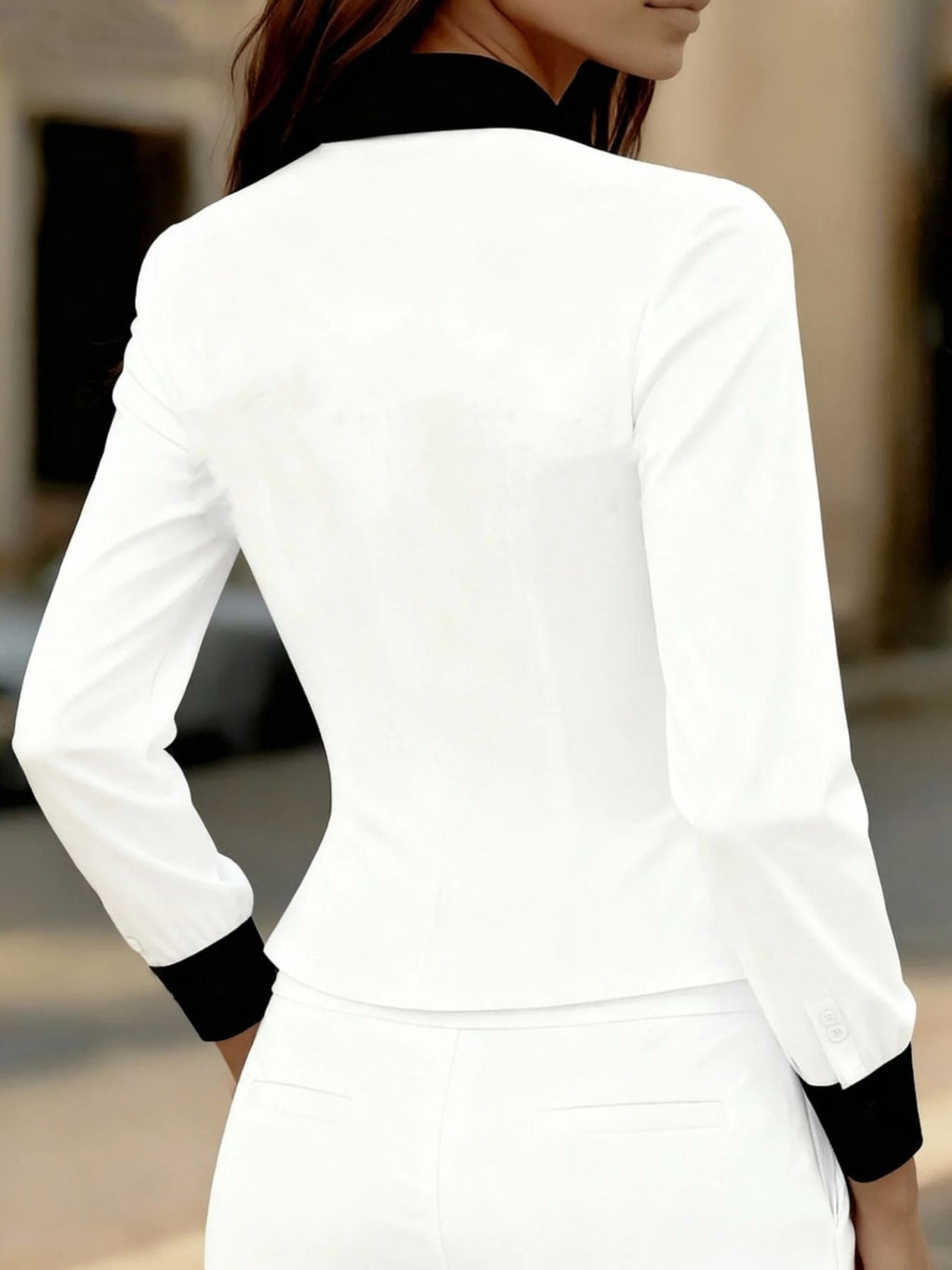 Contrast Button-Down Shirt by Belle Bijouix, white with black collar and cuffs, back view.