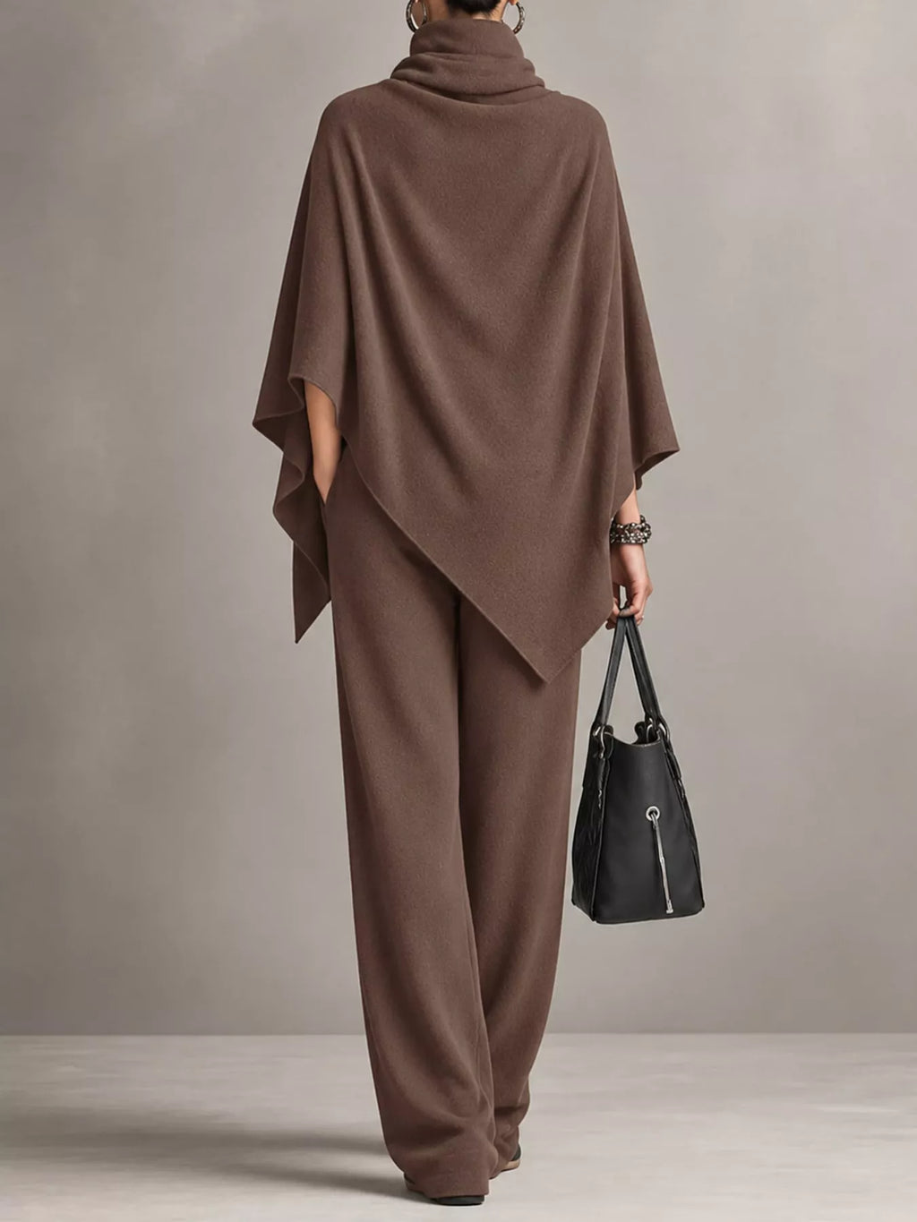 Turtleneck Poncho & Wide-Leg Pants Set in Light Coffee by Belle Bijouix – view 7 of 24