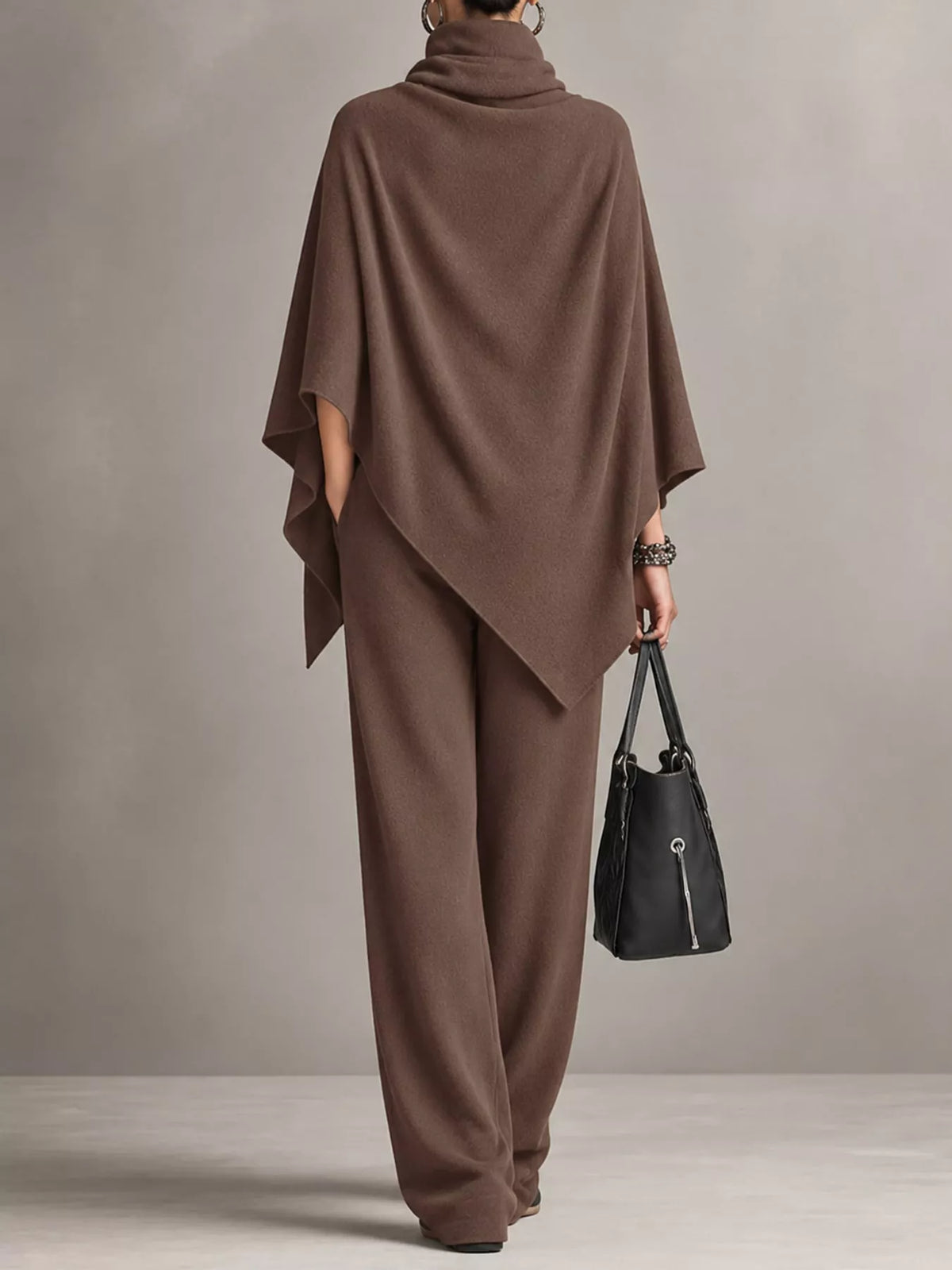 Turtleneck Poncho & Wide-Leg Pants Set in Light Coffee by Belle Bijouix – view 7 of 24