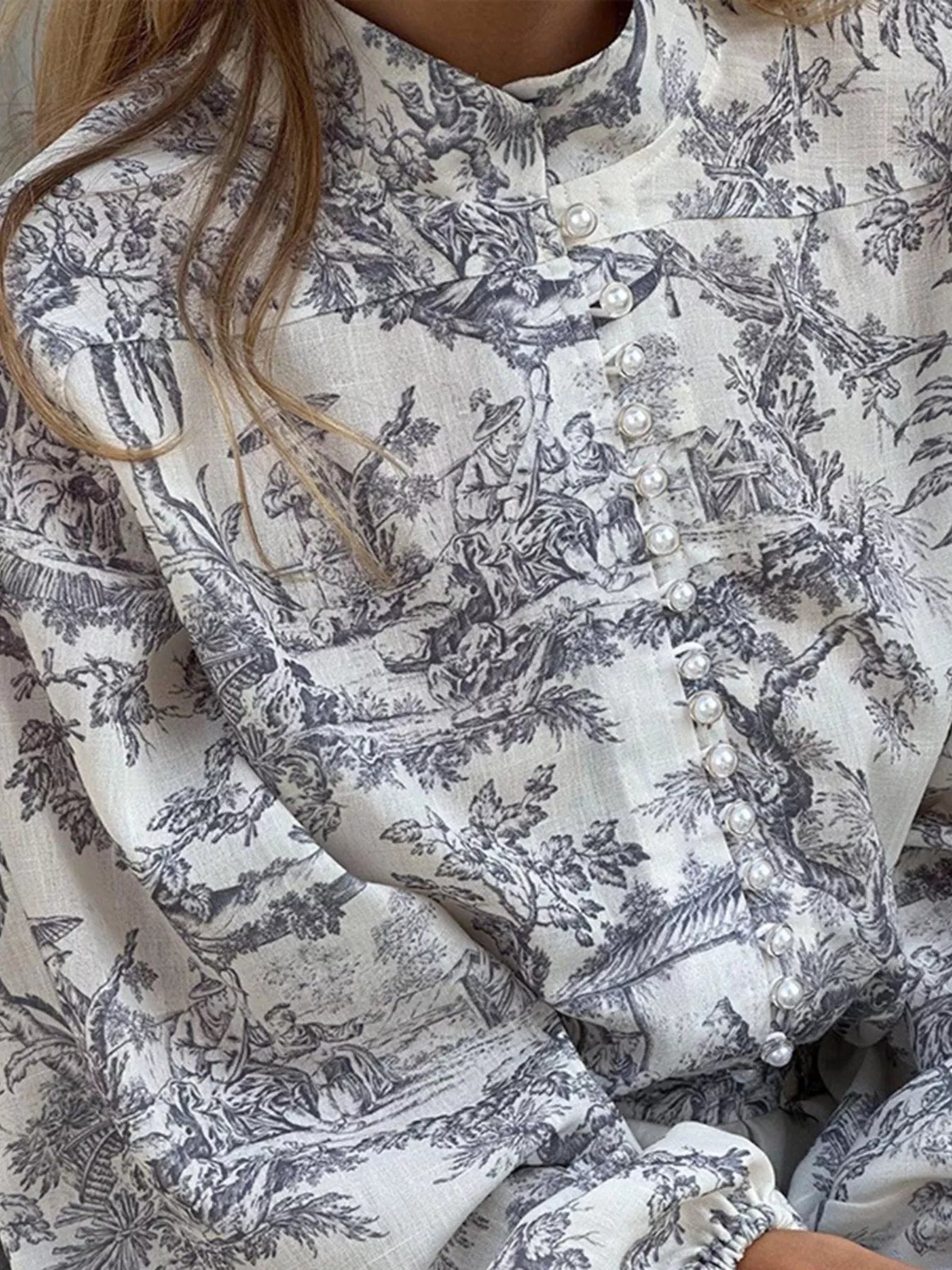 Printed Balloon Sleeve Tie Waist Dress in cream with blue toile print and pearl-button placket