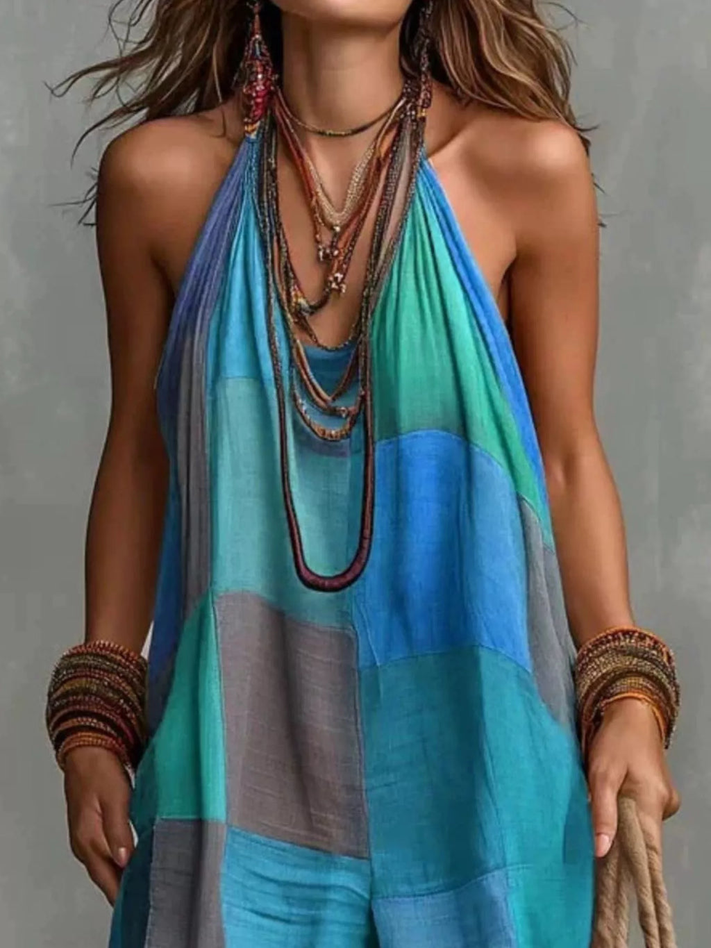 Plaid Halter Neck Wide-Leg Jumpsuit