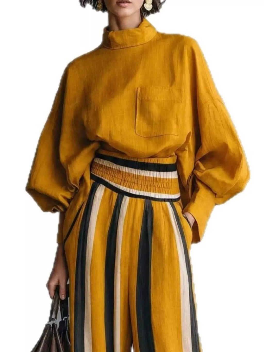 Mock Neck Blouse & Striped Wide-Leg Pants Set in Yellow by Belle Bijouix – view 12 of 12