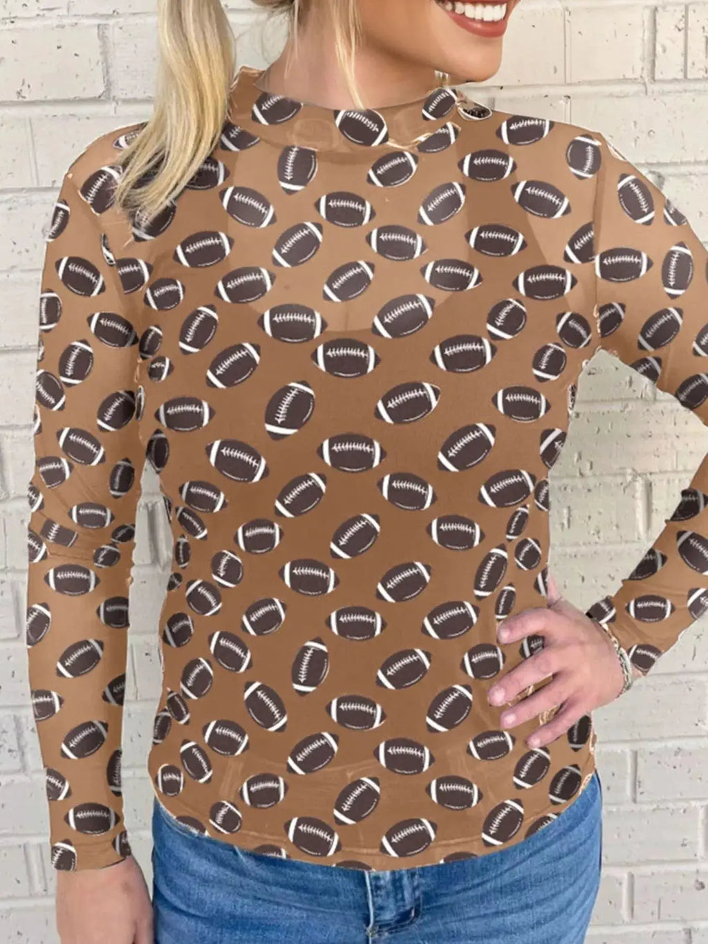 Game Day Mesh Sheer Long Sleeve Top in tan with football print