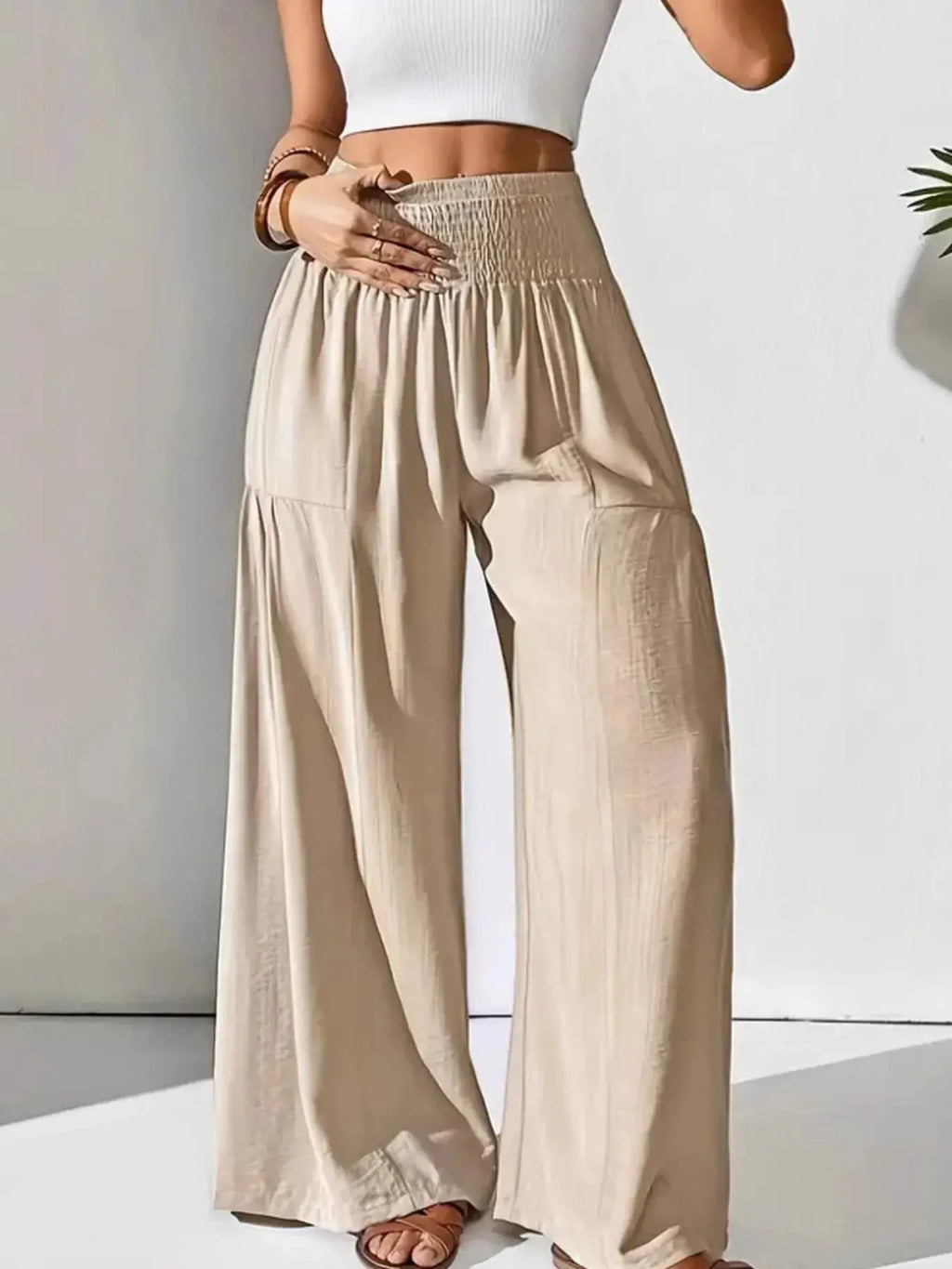 Smocked Waist Wide Leg Pants in beige with pockets, Belle Bijouix bottoms.