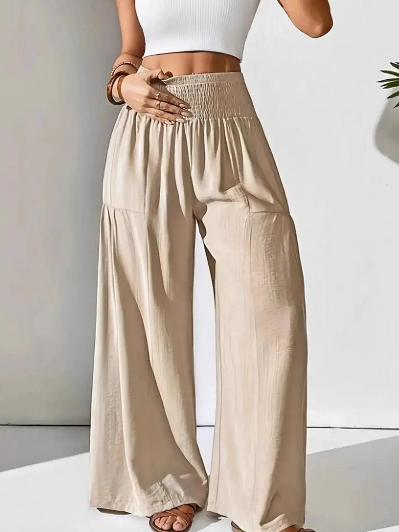 Smocked Waist Wide Leg Pants in beige with pockets, Belle Bijouix bottoms.