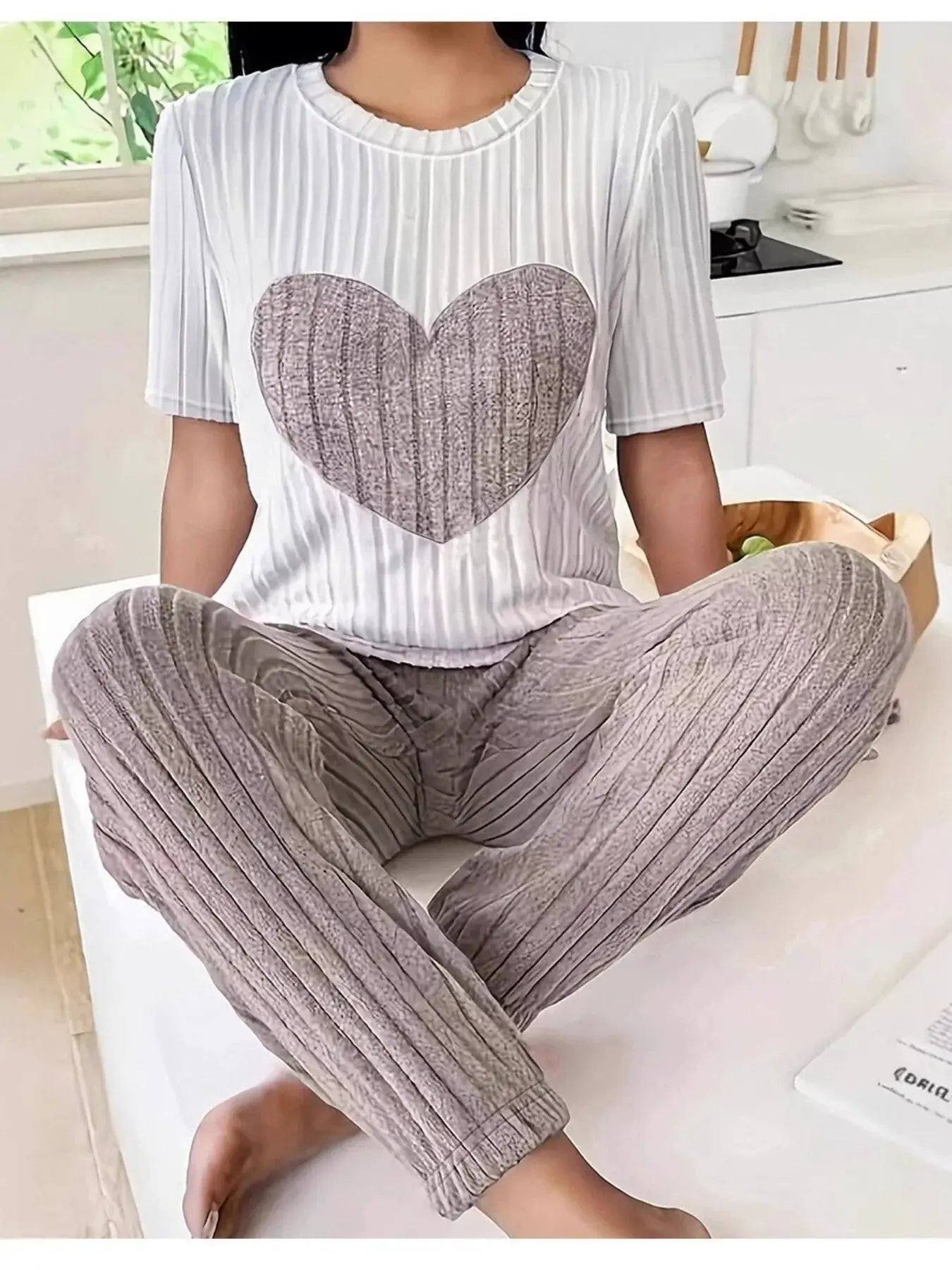 Belle Bijouix Heart Ribbed Knit Top and Pants Lounge Set; white top with large heart and mauve ribbed pants