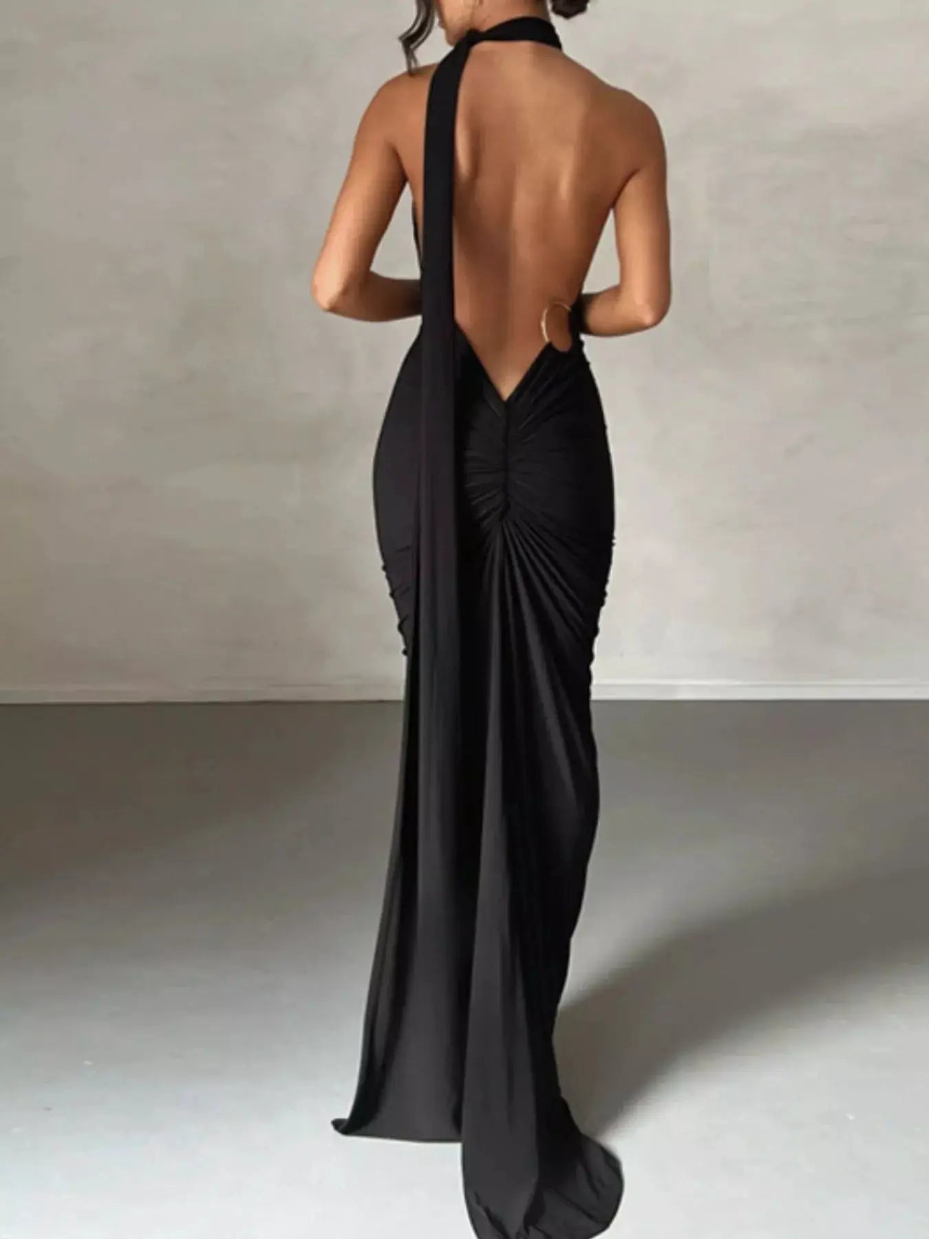 Backless one-shoulder black ruched bodycon maxi dress by Belle Bijouix