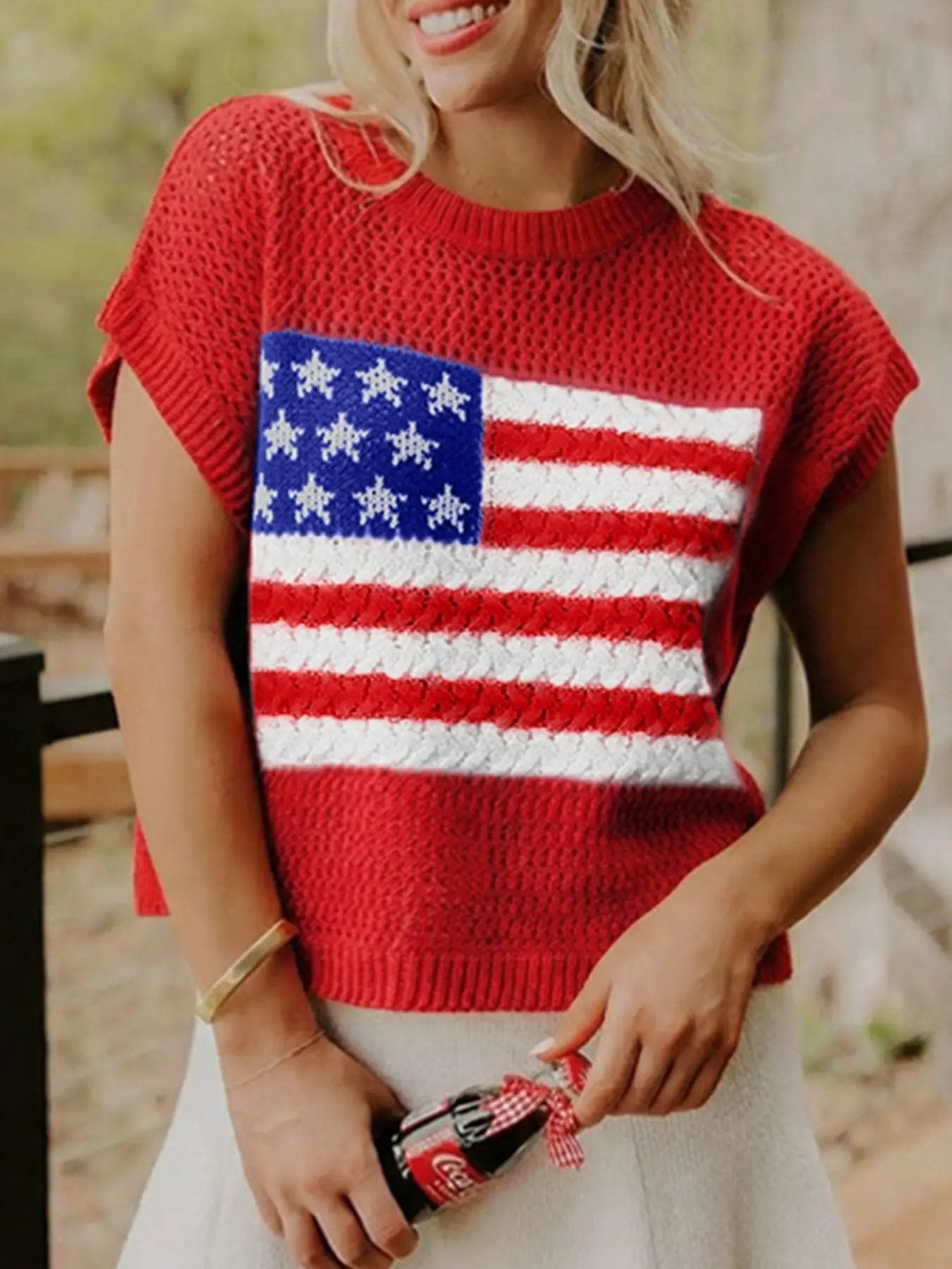 American Flag Knitted Short Sleeve Sweater by Trendsi, red knit with blue canton and white stars