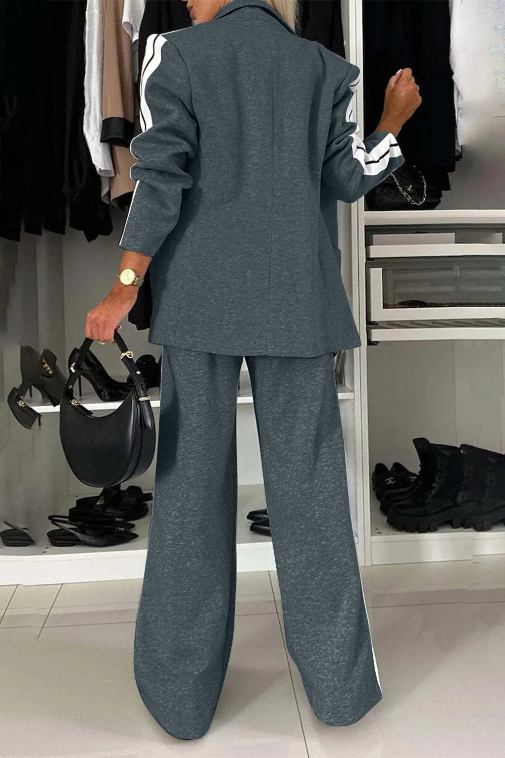 Full Size Contrast Lapel Collar Top and Pants Set, 2-piece blue-gray active wear with buttoned pockets.