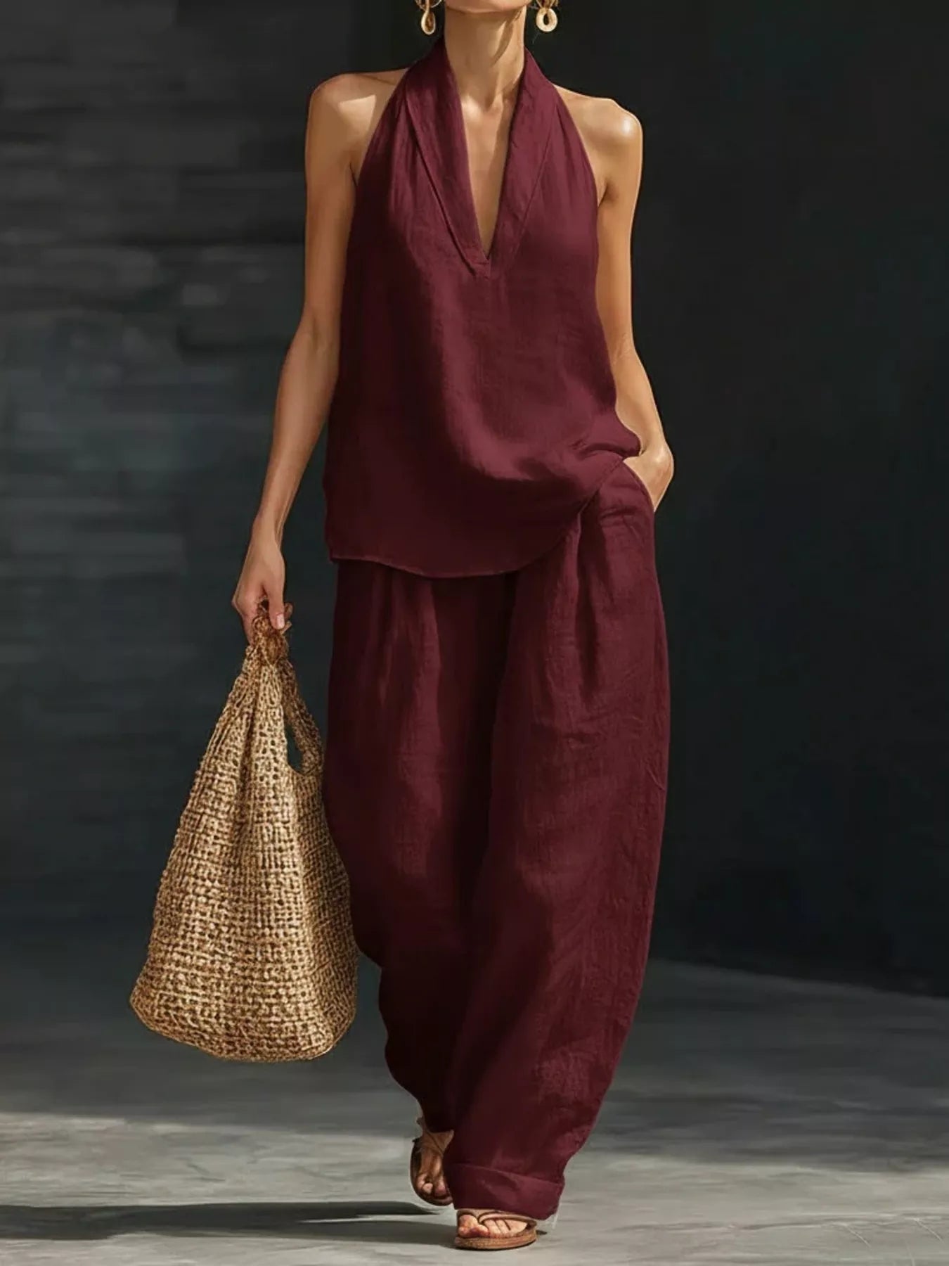 Full Size Halter Neck Top and Wide Leg Pants Set Plus Size in burgundy linen-look fabric