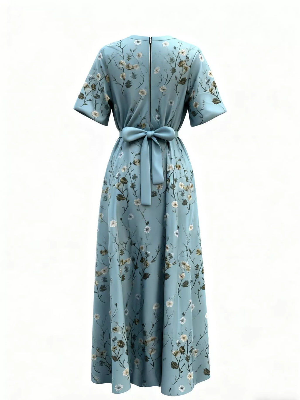 Floral Print Half-Sleeve Maxi Dress with bow-tied waist in blue