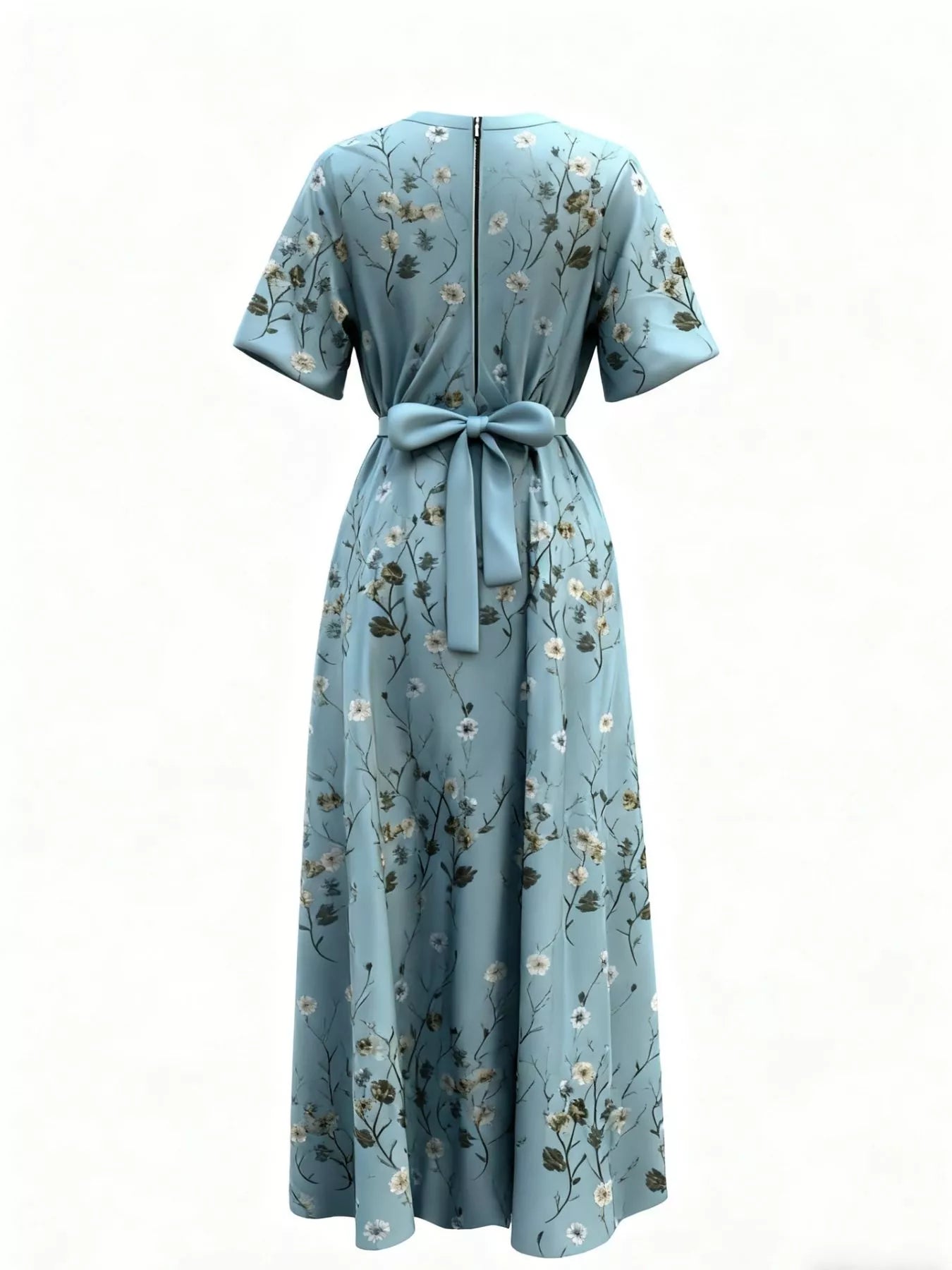 Floral Print Half-Sleeve Maxi Dress with bow-tied waist in blue