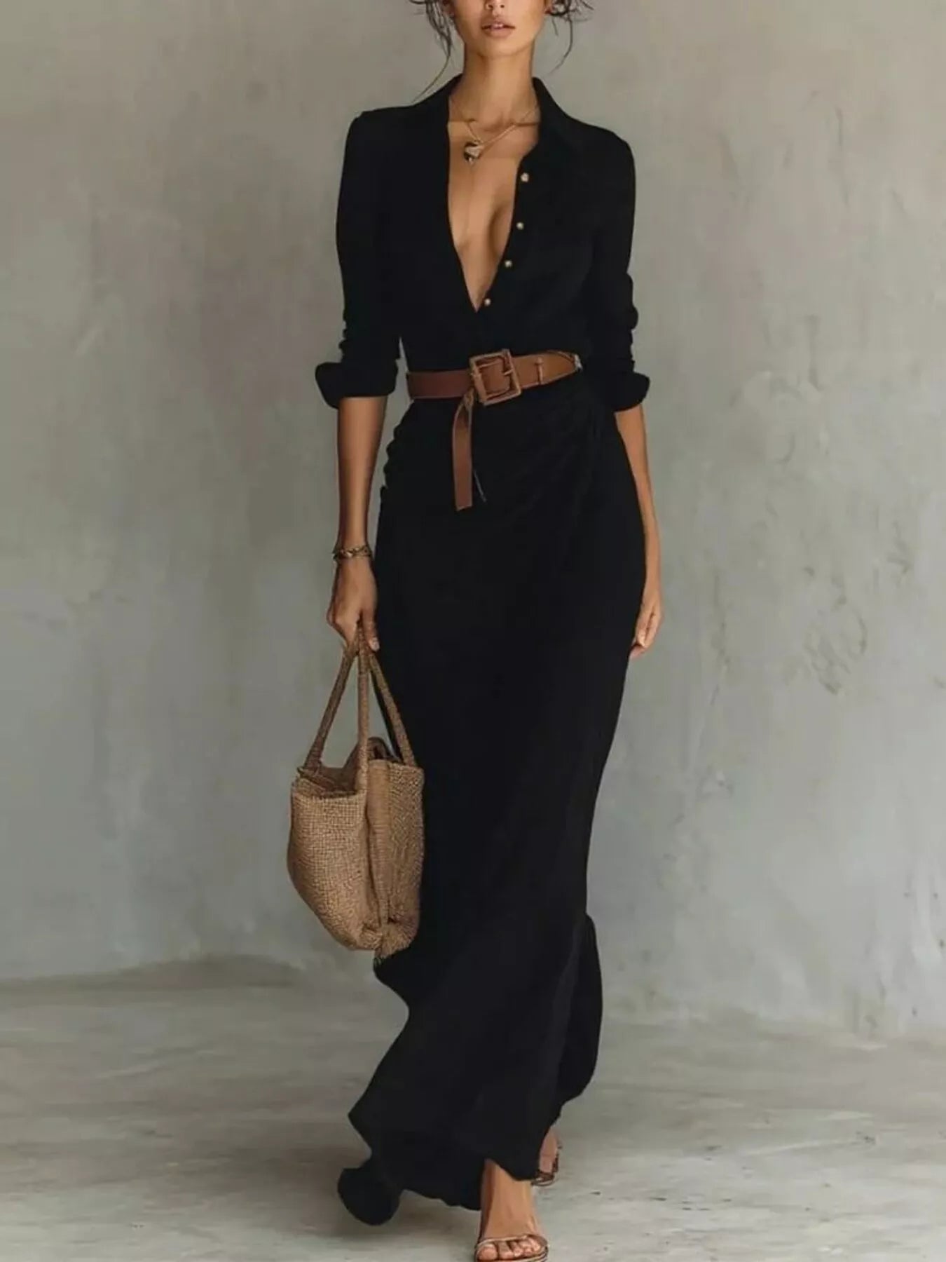 Full Size Ruched Long Sleeve Maxi Dress belted black, plus size, Belle Bijouix