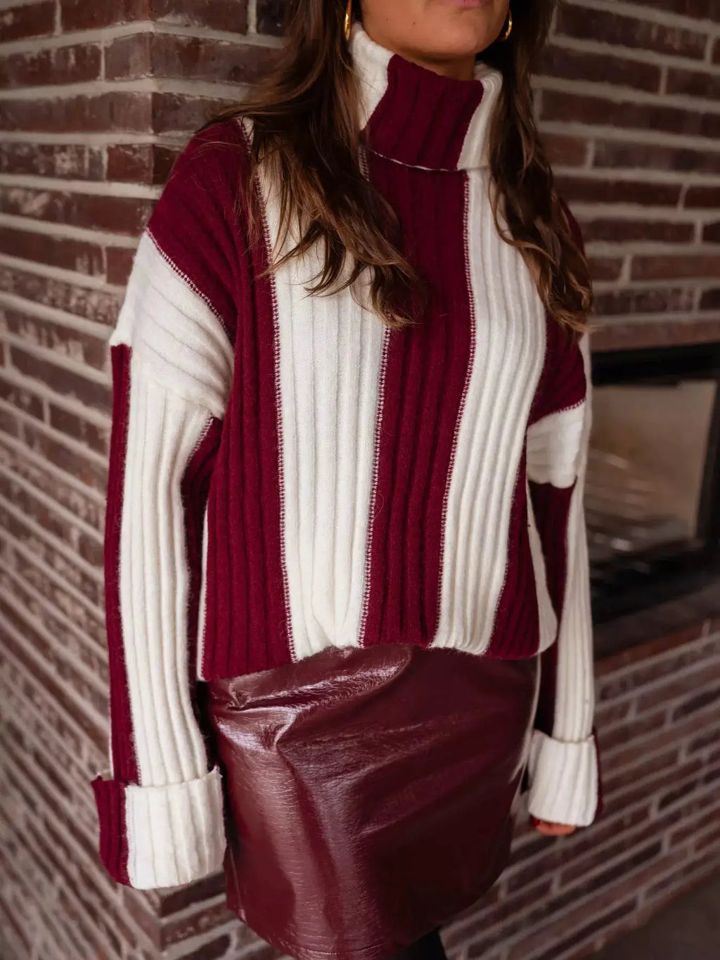 Color Block Ribbed Turtleneck Sweater by Belle Bijouix in burgundy and white rib-knit