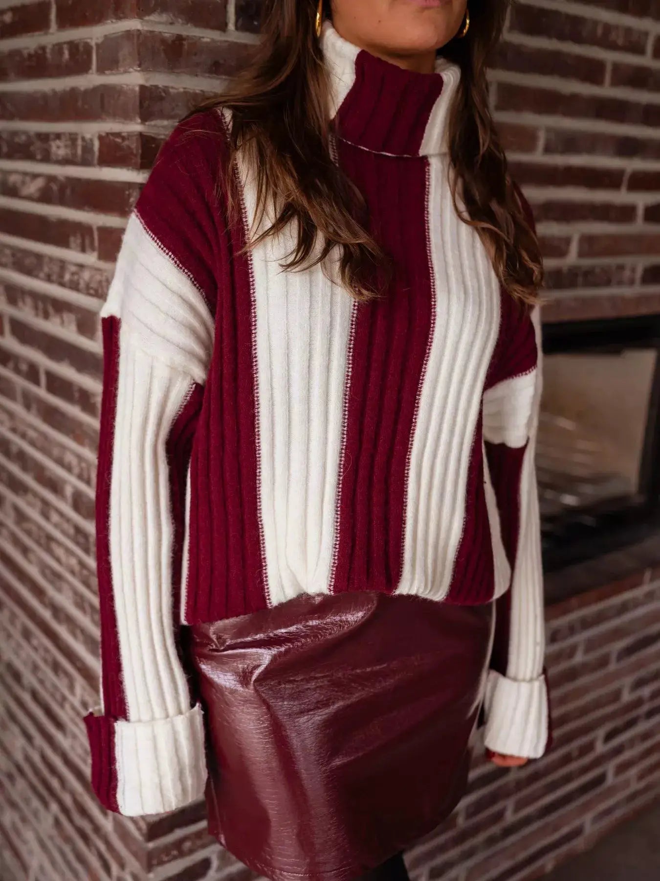 Color Block Ribbed Turtleneck Sweater by Belle Bijouix in burgundy and white rib-knit