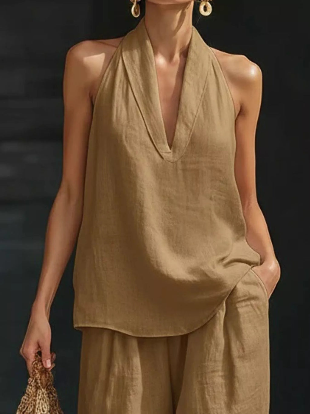 2-piece halter-neck top and wide-leg pants set in tan, plus-size