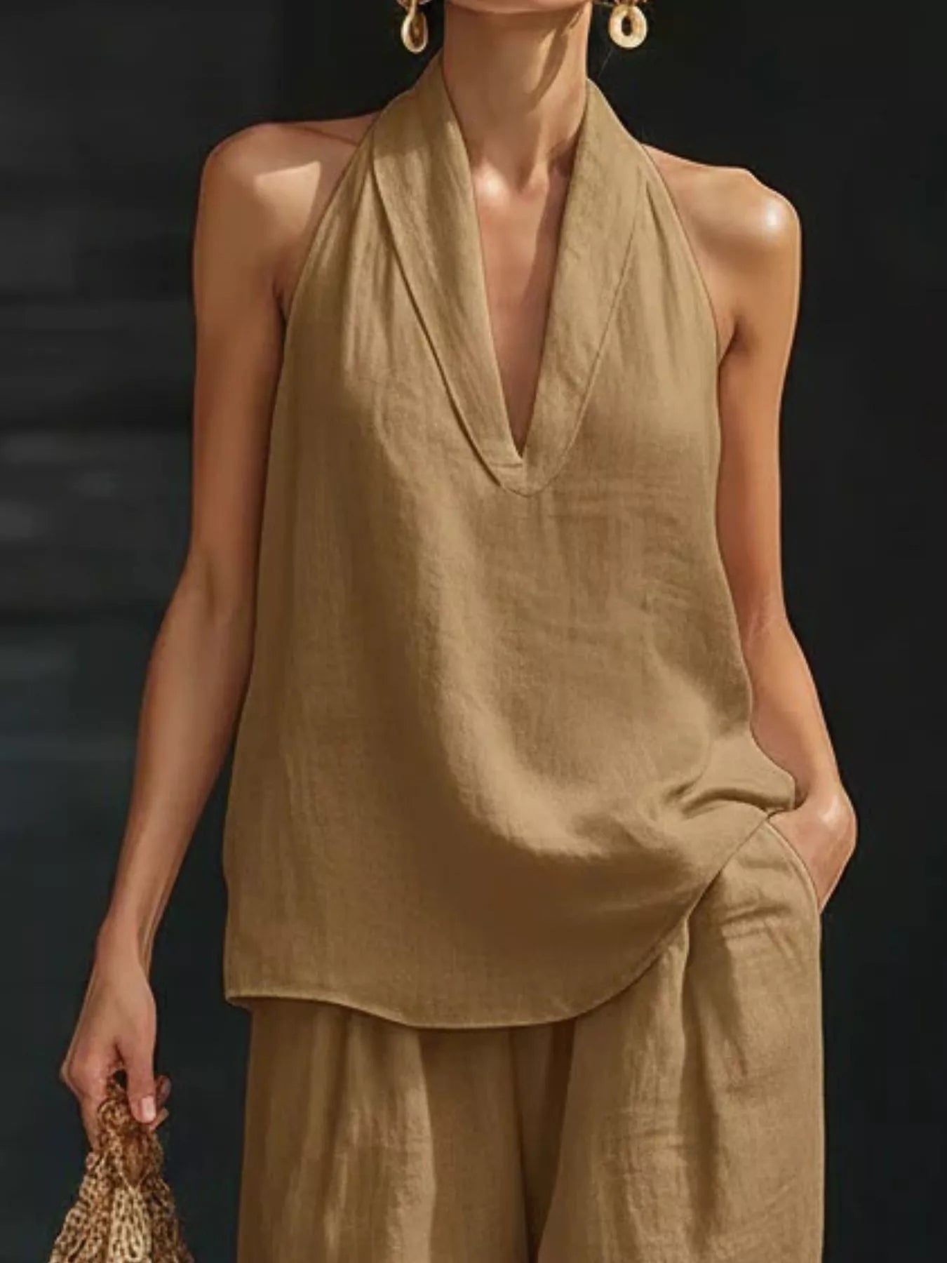 2-piece halter-neck top and wide-leg pants set in tan, plus-size