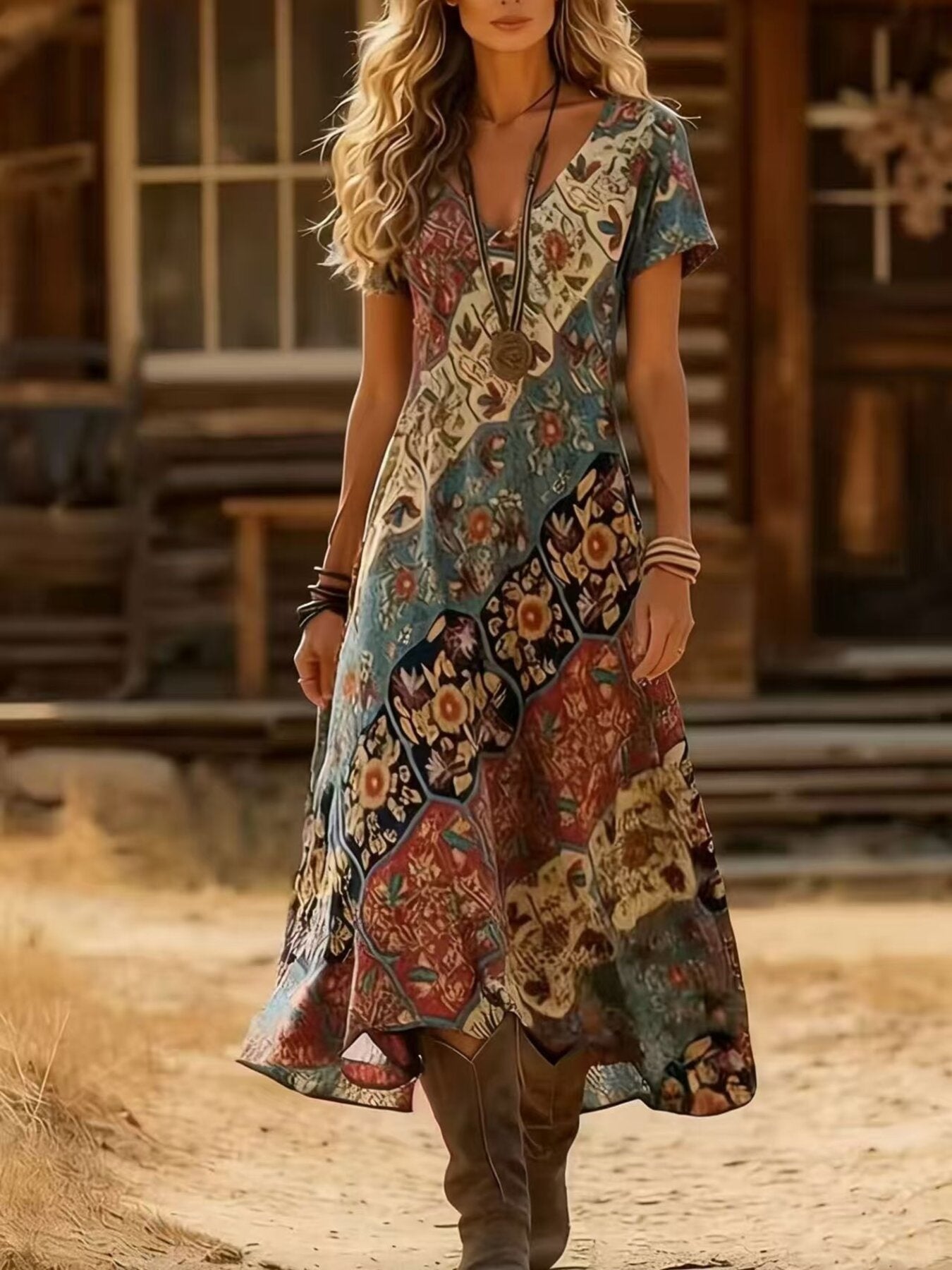 Printed v-neck short-sleeve midi dress by Trendsi in a multicolor patchwork boho pattern.