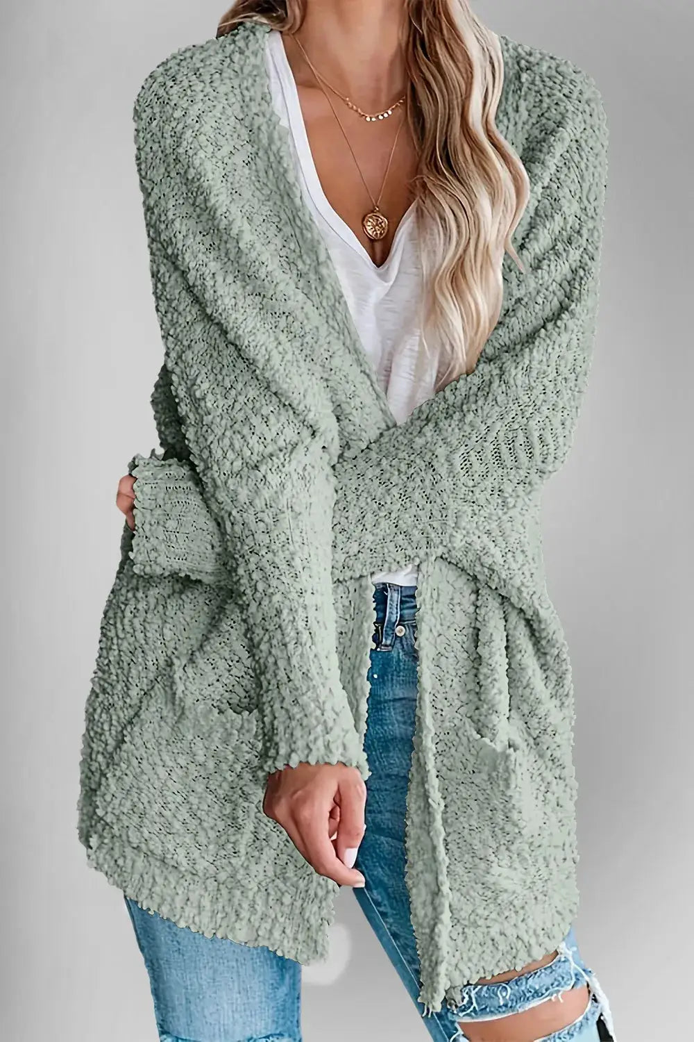 Double Take pocketed open-front cardigan in sage green, chunky textured knit by Belle Bijouix