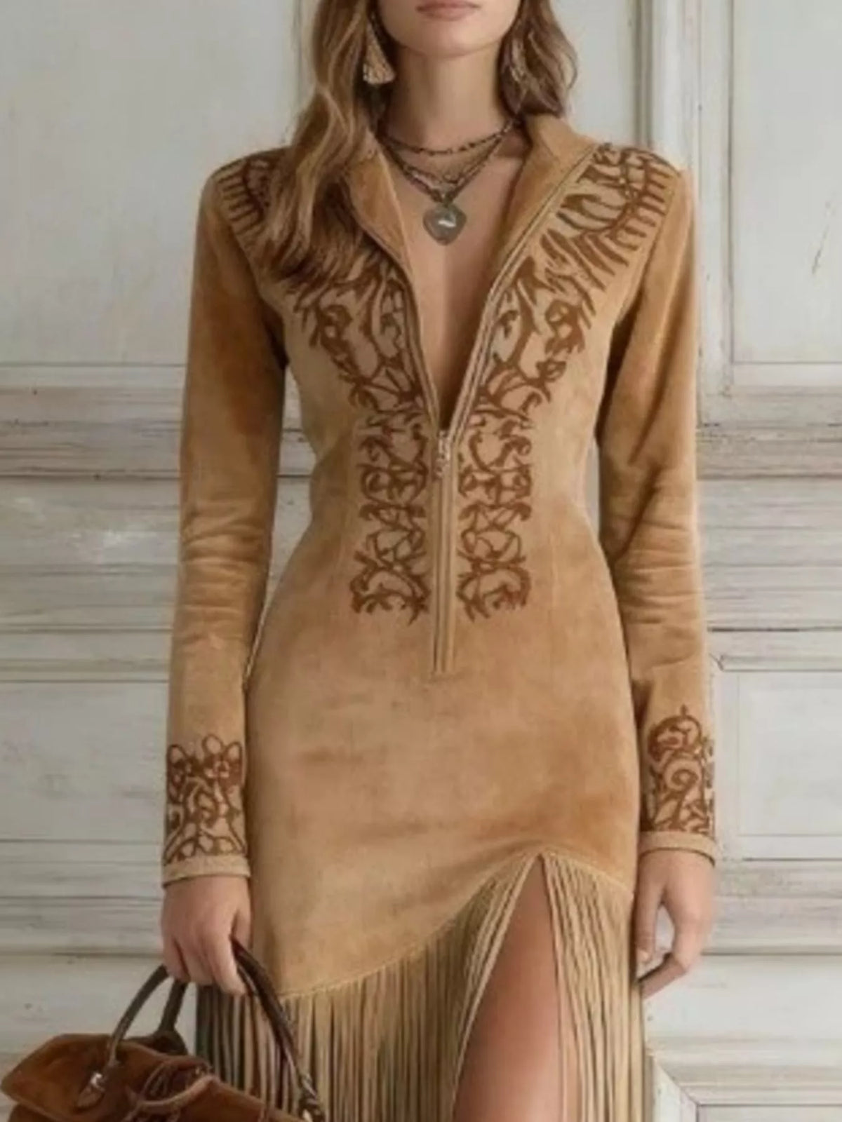 Western Embroidered Faux Suede Fringe Maxi Dress by Belle Bijouix – view 2 of 3
