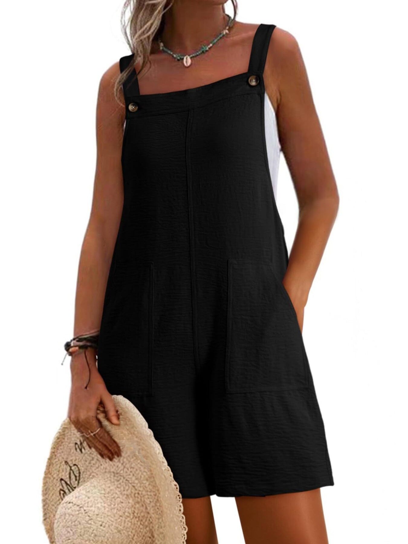 Casual wide-strap buttoned overalls with pockets in black; Bellebijouix versatile one-piece outfit set.