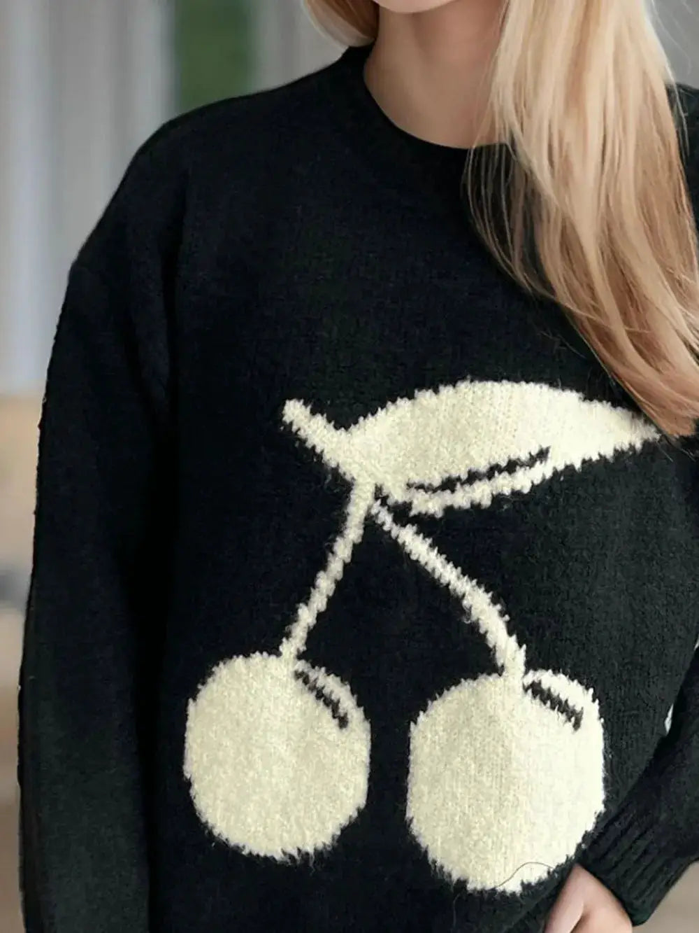 Cherry Round Neck Long Sleeve Sweater in black with a white two-cherry graphic.
