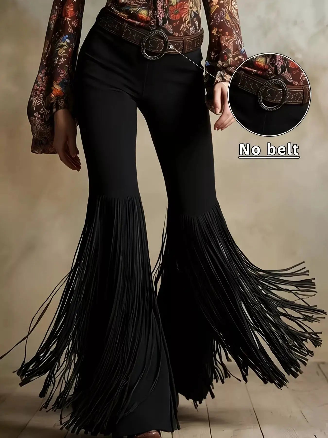 Trendsi Fringe Flare Pants in black with long fringe hems.