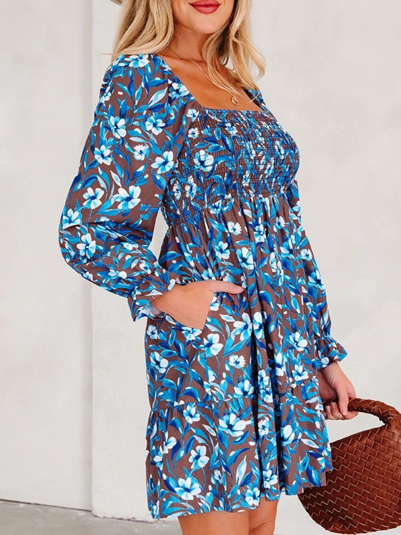 Smocked Bodice High Waist Ruffled Sleeve Floral Dress in brown with blue and white floral print by Belle Bijouix