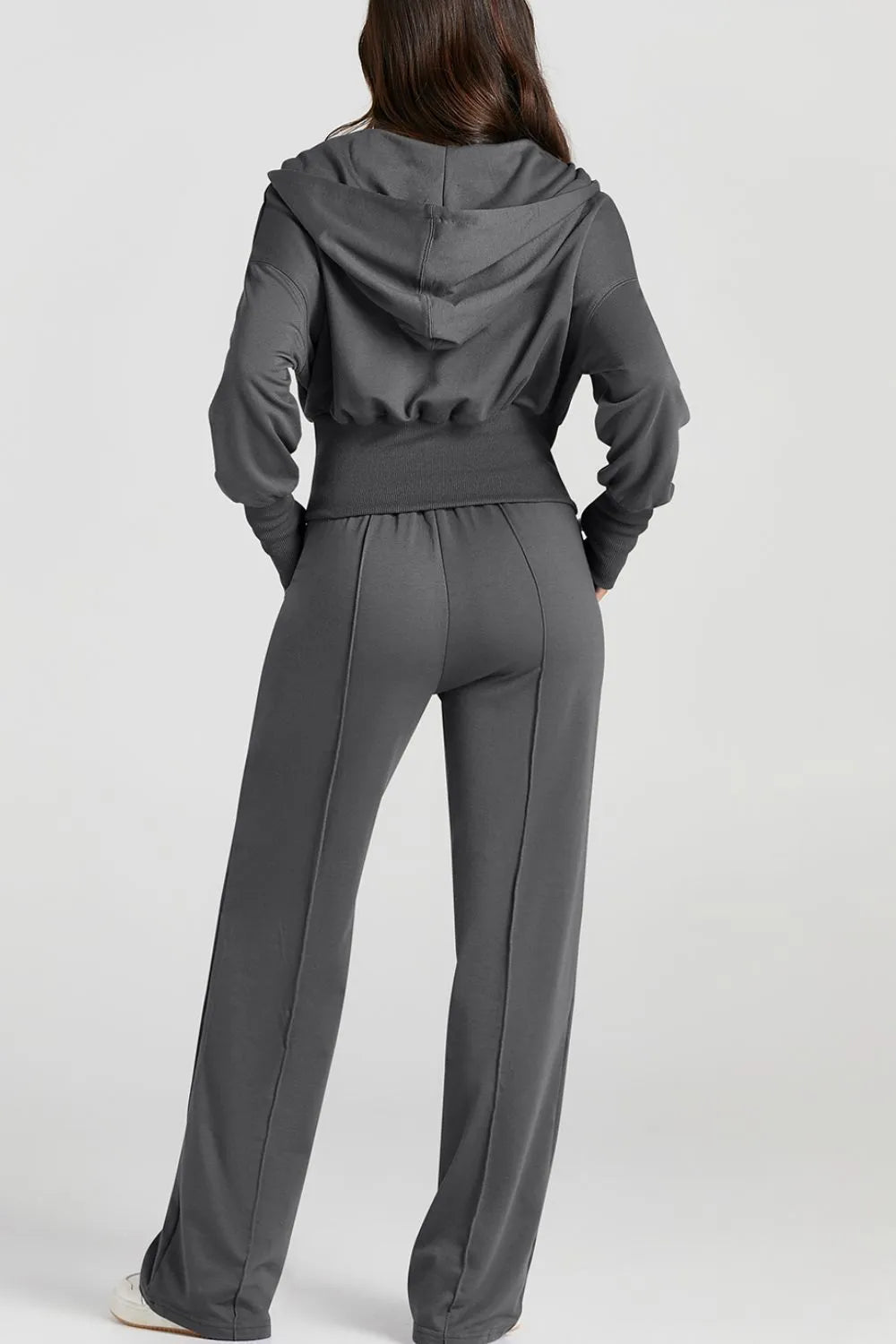 Zip-Up Hoodie and Pants Active Set in charcoal gray; hooded top with ribbed waistband and matching jogger pants