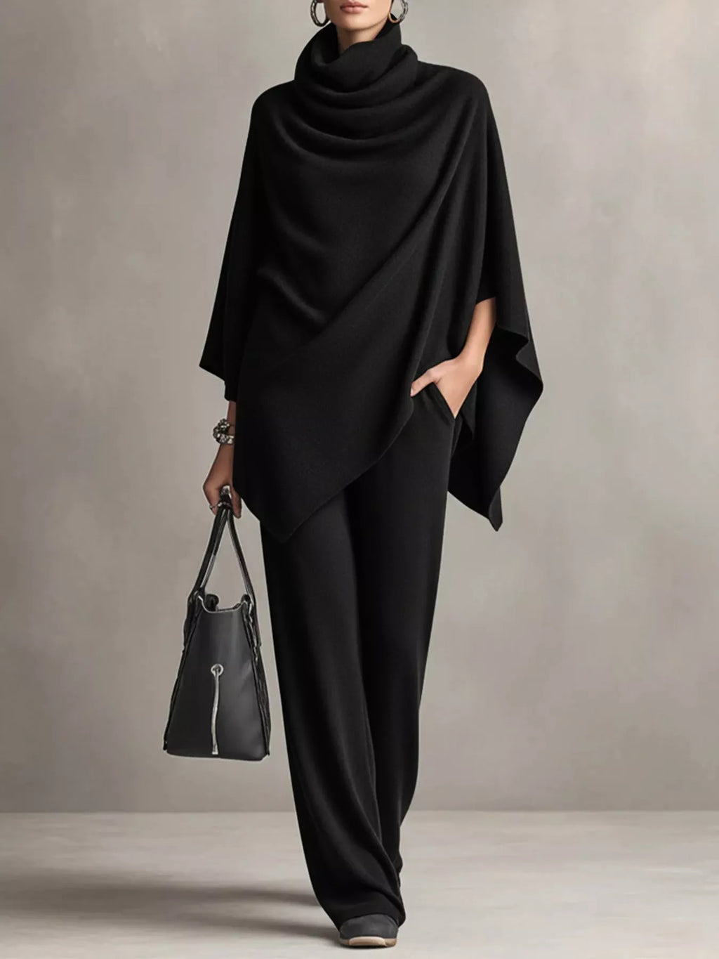 Turtleneck Poncho & Wide-Leg Pants Set in Black by Belle Bijouix – view 14 of 24