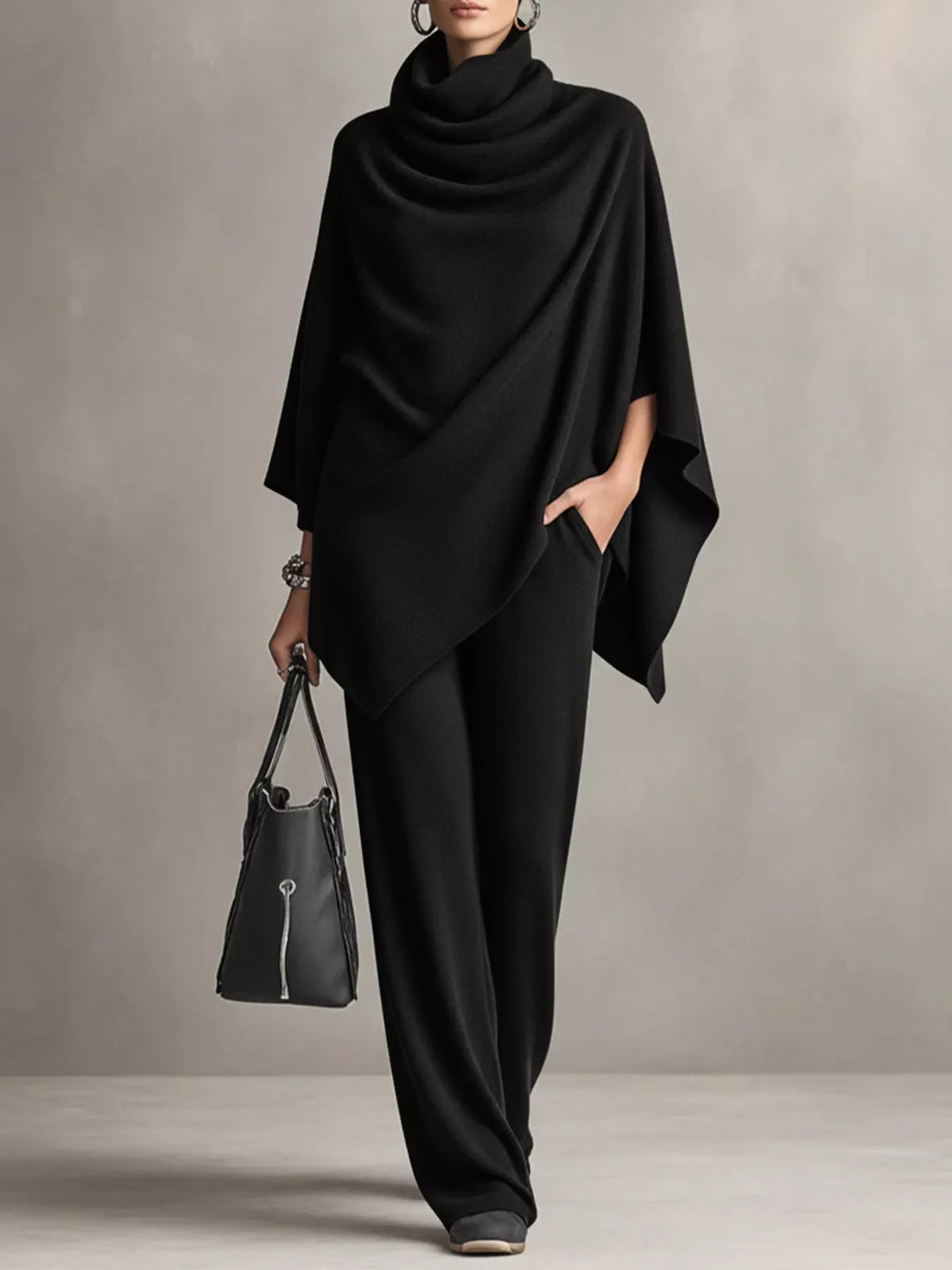 Turtleneck Poncho & Wide-Leg Pants Set in Black by Belle Bijouix – view 14 of 24