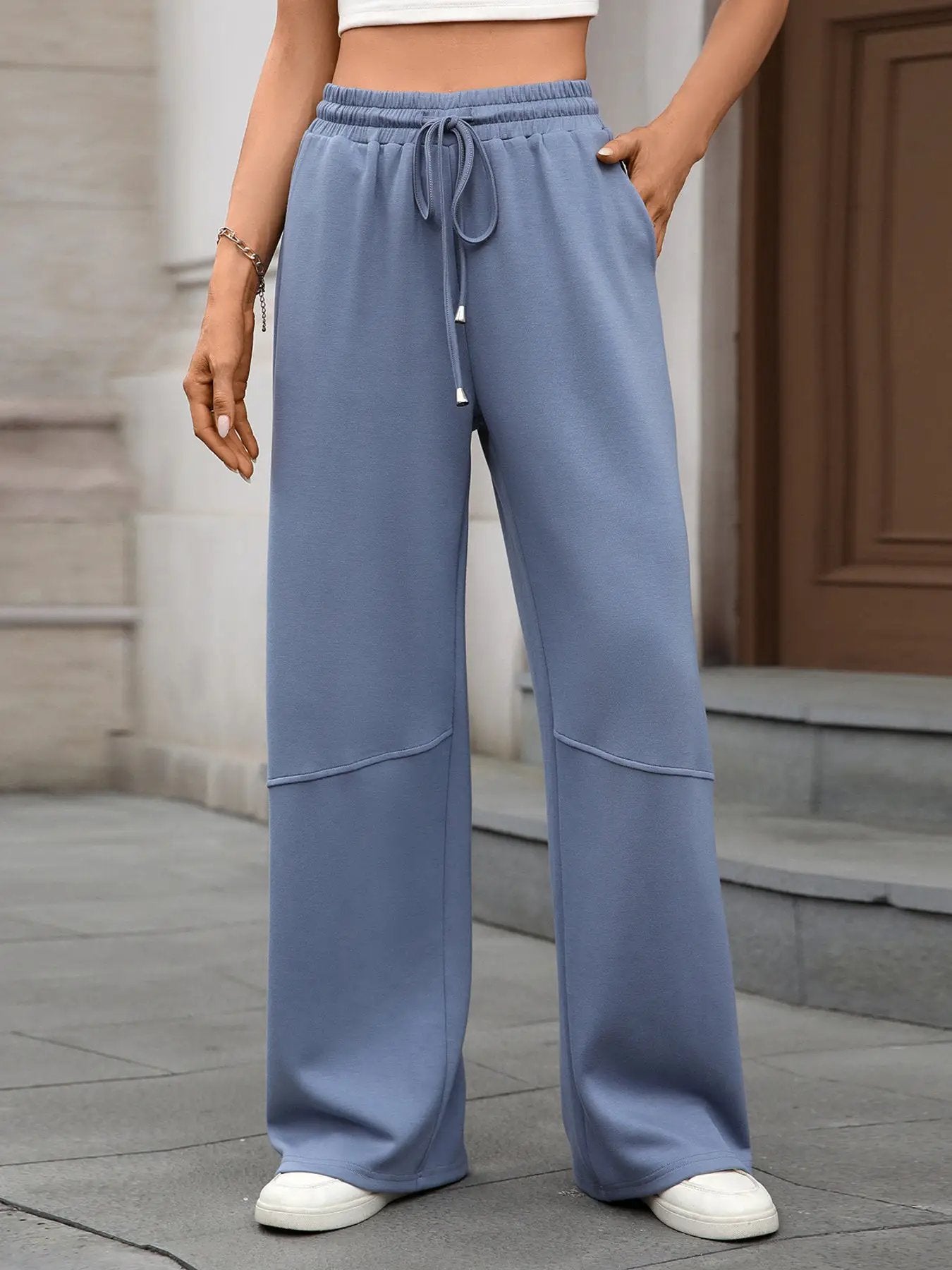Drawstring high-waist wide-leg casual pants in blue-gray by Trendsi
