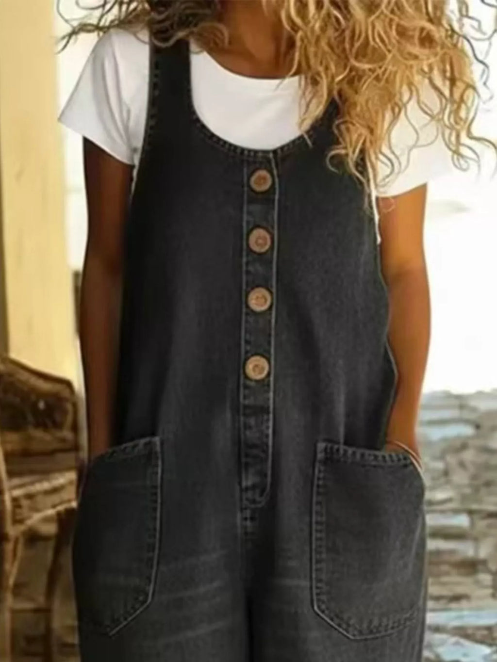 Full Size Button Detail Wide Strap Jumpsuit, plus size, dark indigo denim with front button placket
