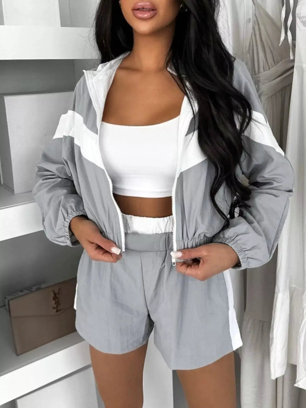 Bellebijouix zip-up long-sleeve outerwear & shorts set, two-piece in light gray with white stripe