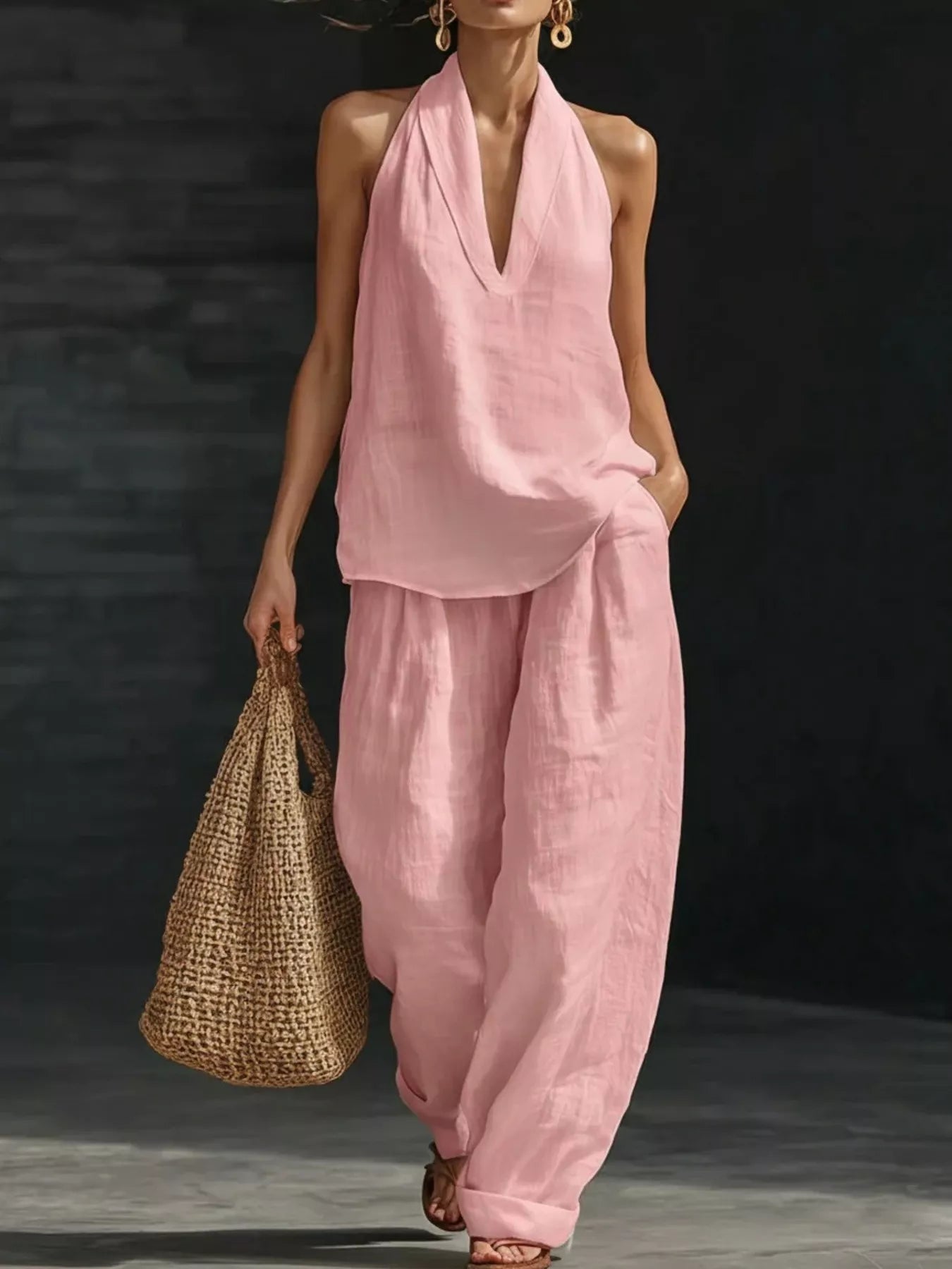 Trendsi pink halter-neck top and wide-leg pants set in plus size