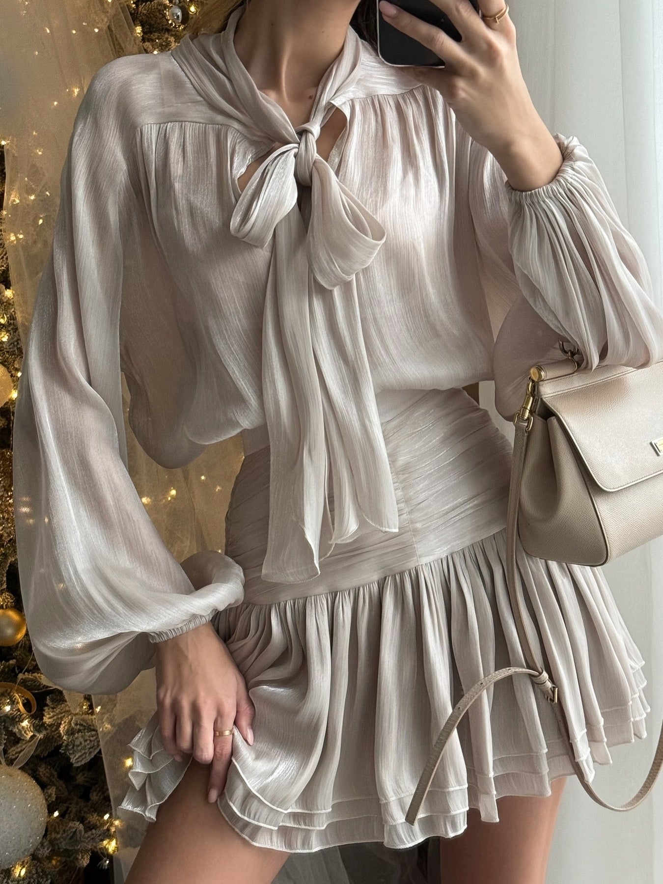Bow-Tie Blouse and Ruched Mini Skirt Set (two-piece) by Trendsi in champagne beige, sheer fabric