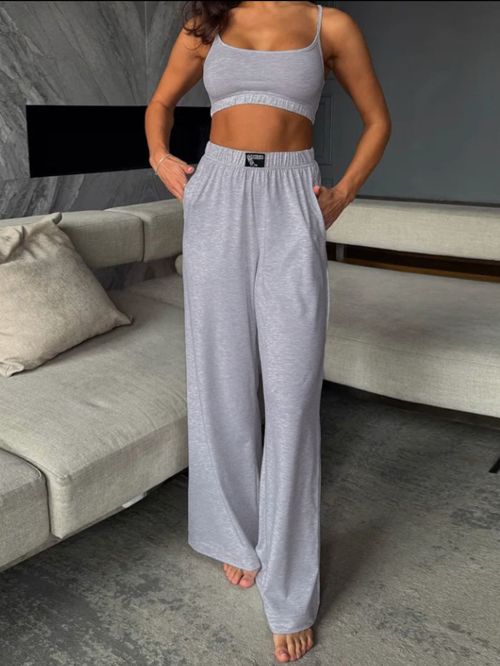 2-piece scoop-neck cami and pants set by Trendsi in heather gray.