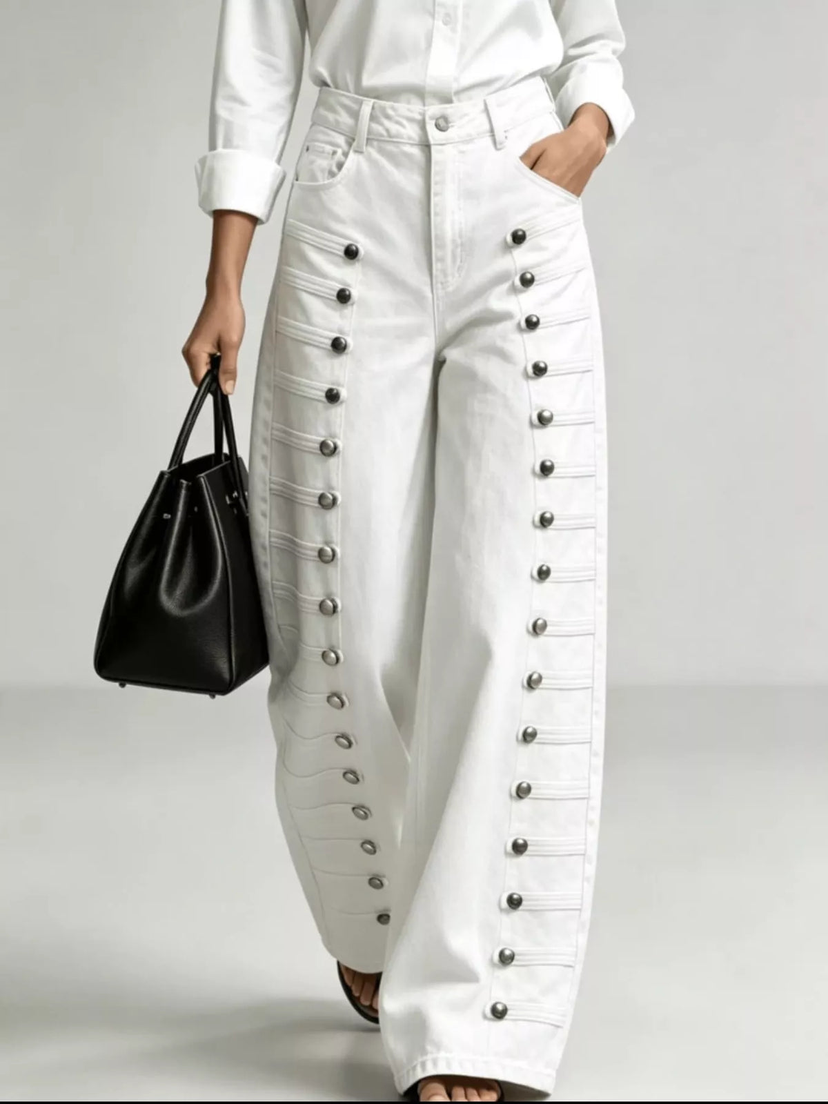 High-Waist Button Detail Wide-Leg Jeans in White by Belle Bijouix – front view