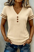 Ribbed V-Neck Knit Top by Belle Bijouix, beige short-sleeve with brown decorative buttons