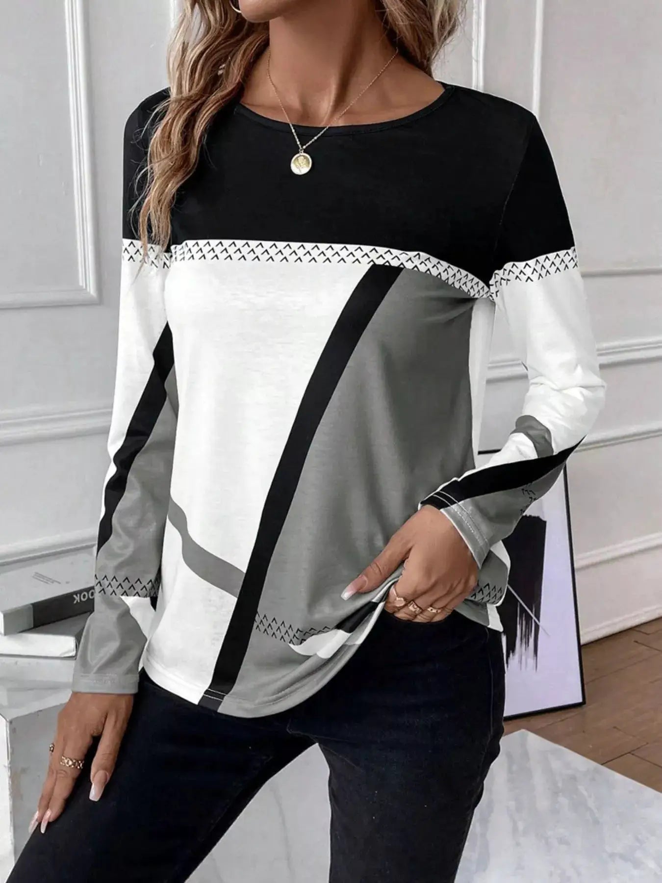 Color Block Long Sleeve T-Shirt by Belle Bijouix in black, white and gray