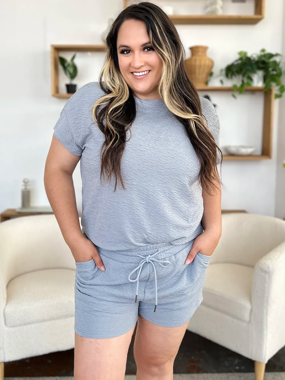 Double Take Full Size Texture Short Sleeve T-Shirt and Drawstring Shorts Set in light blue textured fabric with pockets