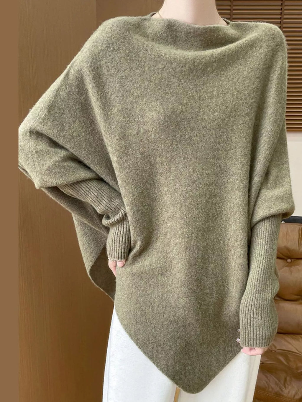 Oversized Asymmetric Wool Batwing Sweater in Matcha Green by Belle Bijouix – view 8 of 24