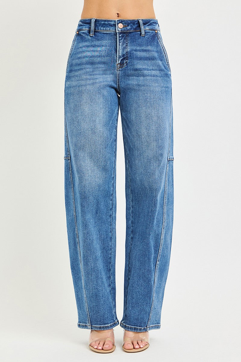 RISEN Slouchy Baggy Jeans, blue denim with high waist and relaxed straight leg