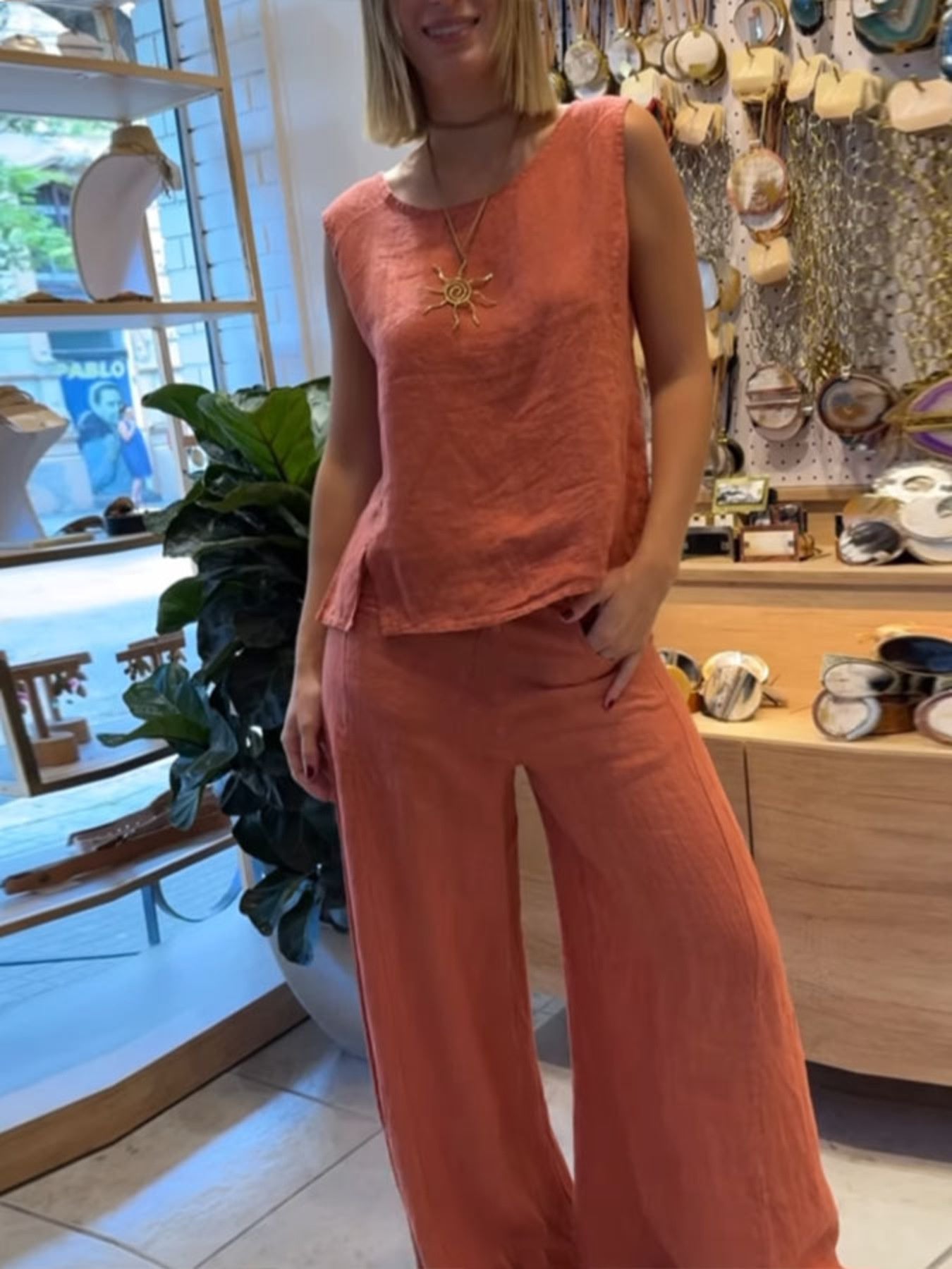 Full Size Round Neck Tank and Pants Set Plus Size, coral color, 2-piece outfit by Trendsi.