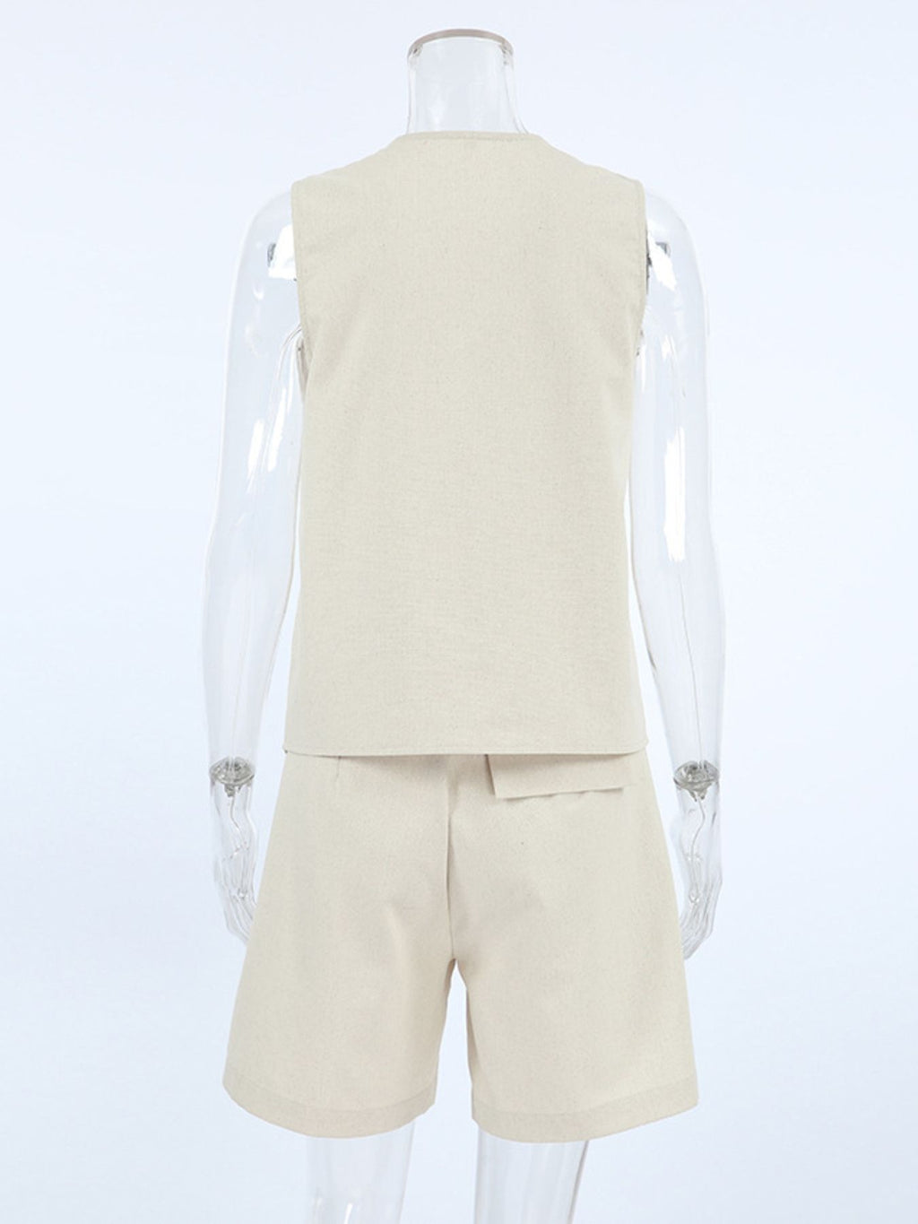 Button Up Vest and Shorts Set, 2-piece beige linen by Belle Bijouix, back view