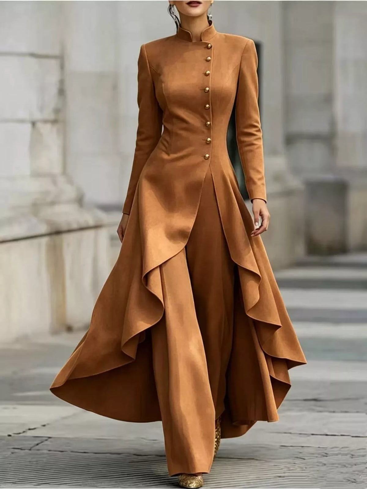 Ruffled High-Low Button Tunic & Wide-Leg Pants Set in Caramel by Belle Bijouix – view 26 of 82