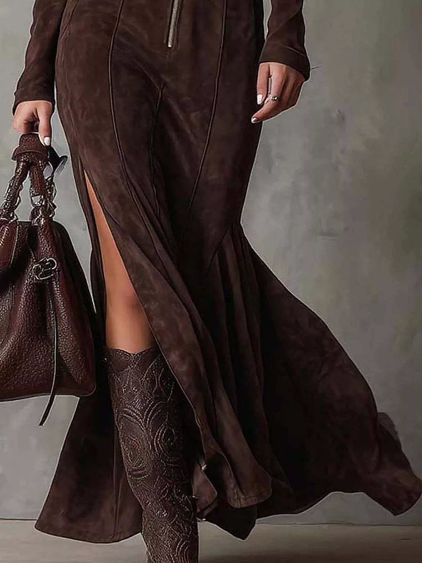 Plus-size brown long-sleeve dress with belt, front zipper and side slit