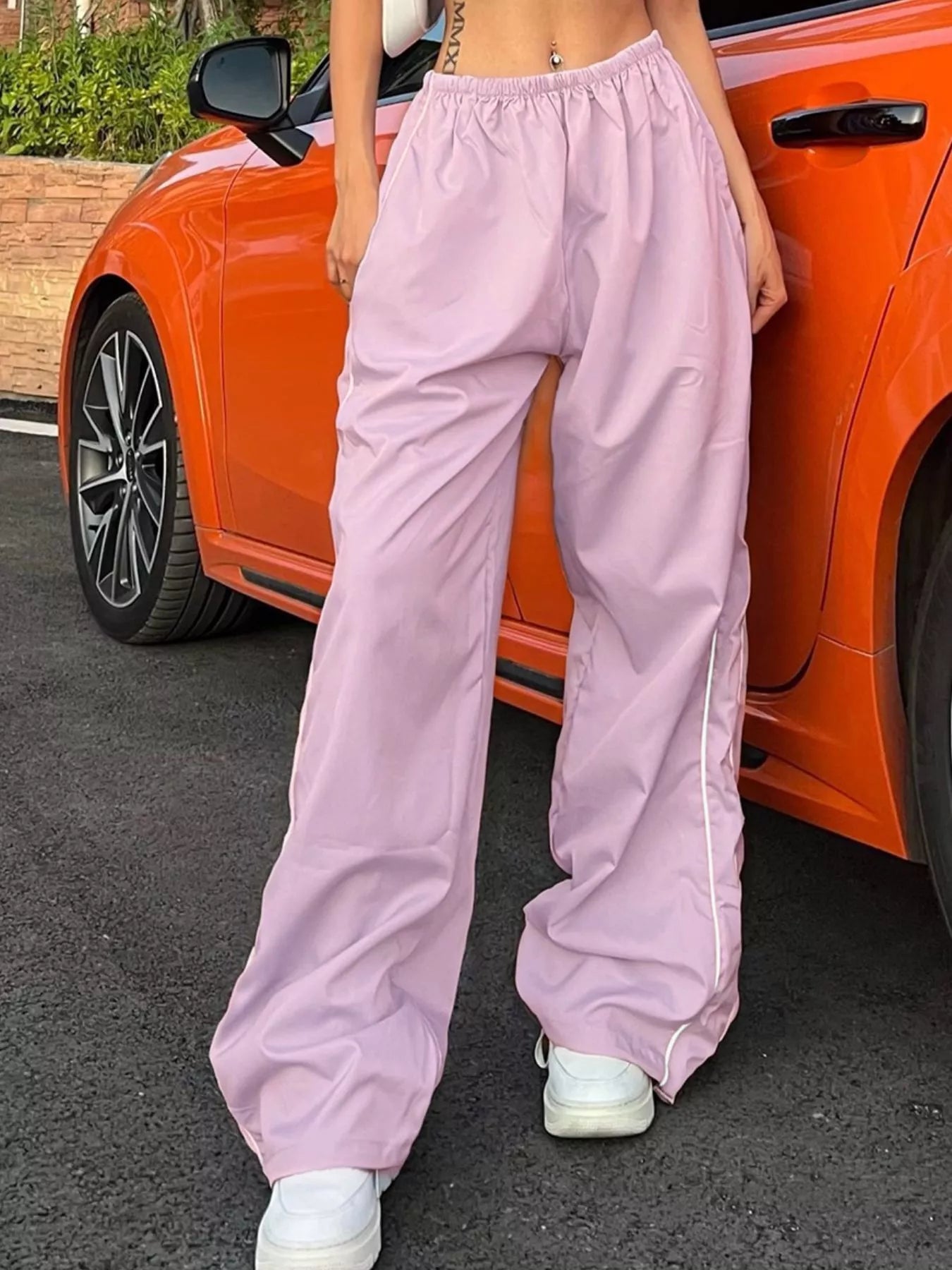 Elastic Waist Wide Leg Pants by Trendsi in lavender; pastel lilac, relaxed, full-length silhouette